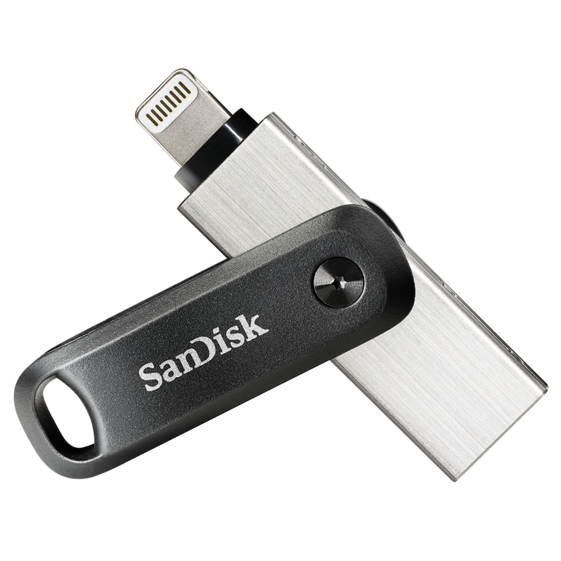 Ein silberner und schwarzer SanDisk USB-Stick mit Lightning-Anschluss.