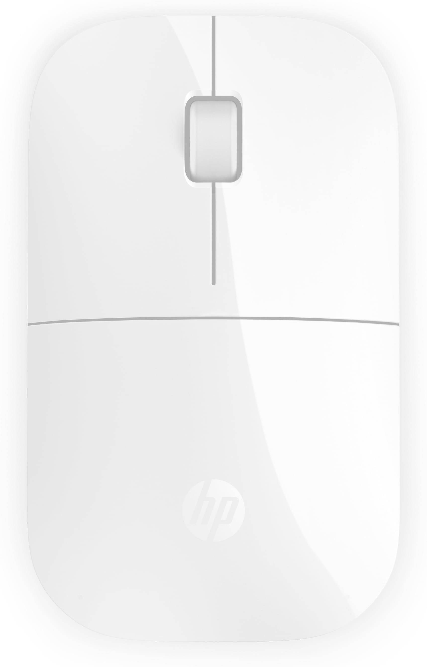 Beyaz HP fare, merkezi kaydırma düğmesi ve HP logosu ile.