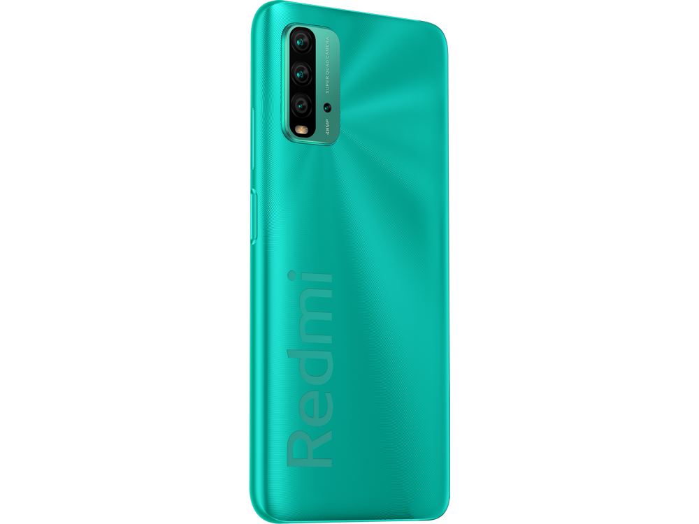 Smartphone verde. Vista trasera del teléfono con tres cámaras y el nombre de la marca.