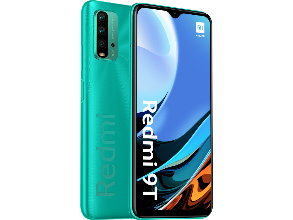 Un smartphone Redmi 9T verde azulado con una configuración de triple cámara.