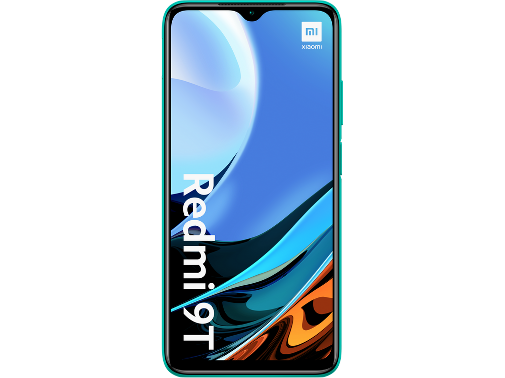 Un smartphone Redmi 9T turquesa, mostrando la pantalla. Logotipo de Xiaomi en la parte superior.