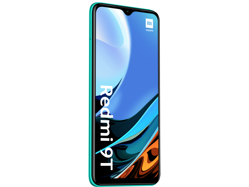 Un smartphone Xiaomi Redmi 9T turquesa sobre fondo blanco.
