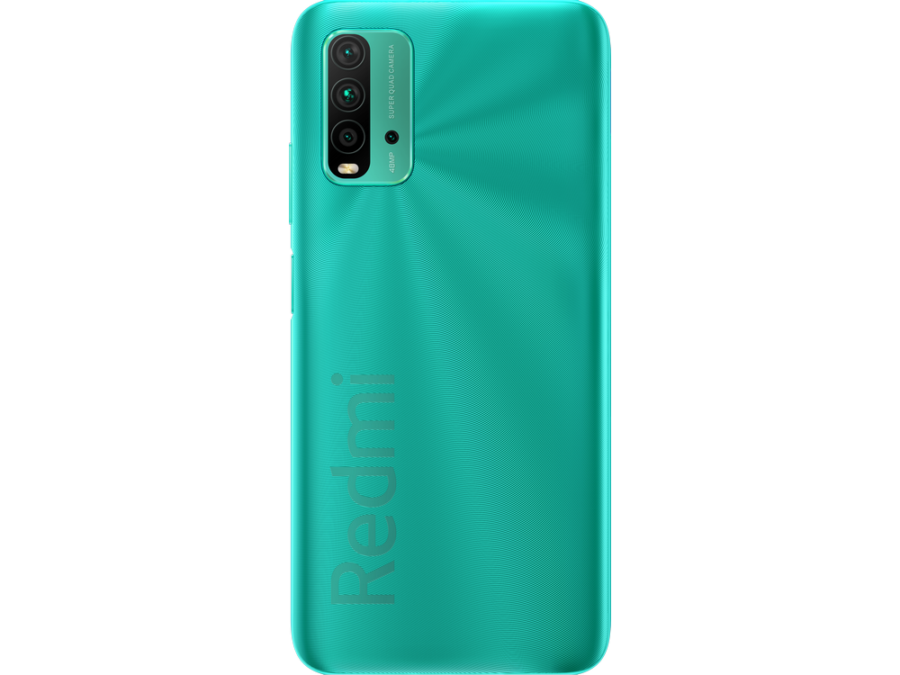 Parte trasera de teléfono turquesa con cámaras, logo Redmi, y superficie texturizada.