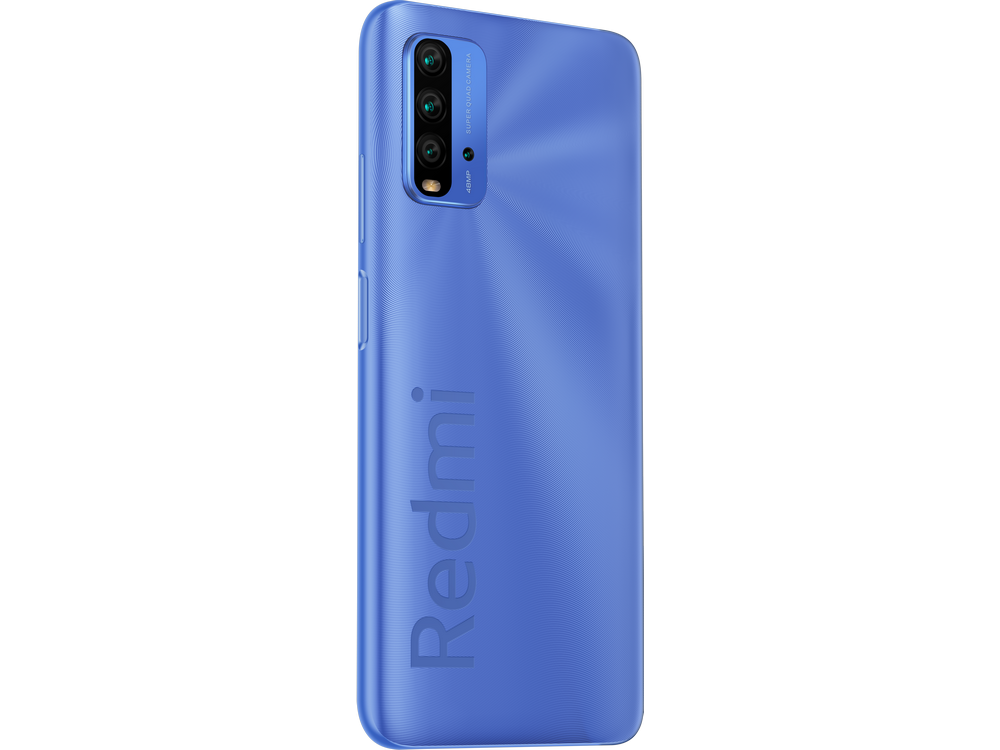 Teléfono Redmi azul con triple cámara y marca Redmi en la parte trasera.