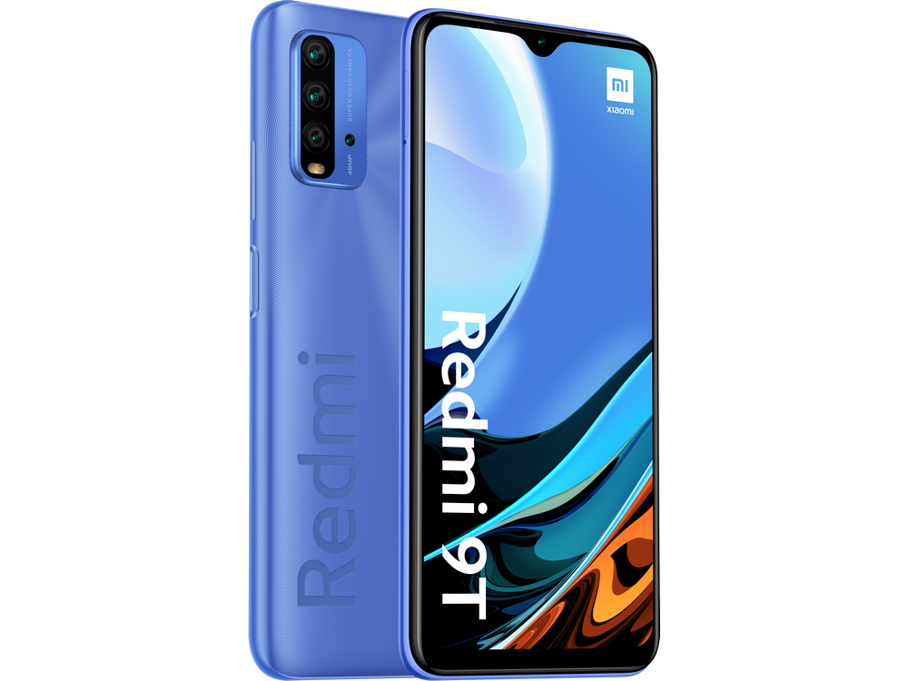 Un teléfono inteligente Redmi 9T azul.
