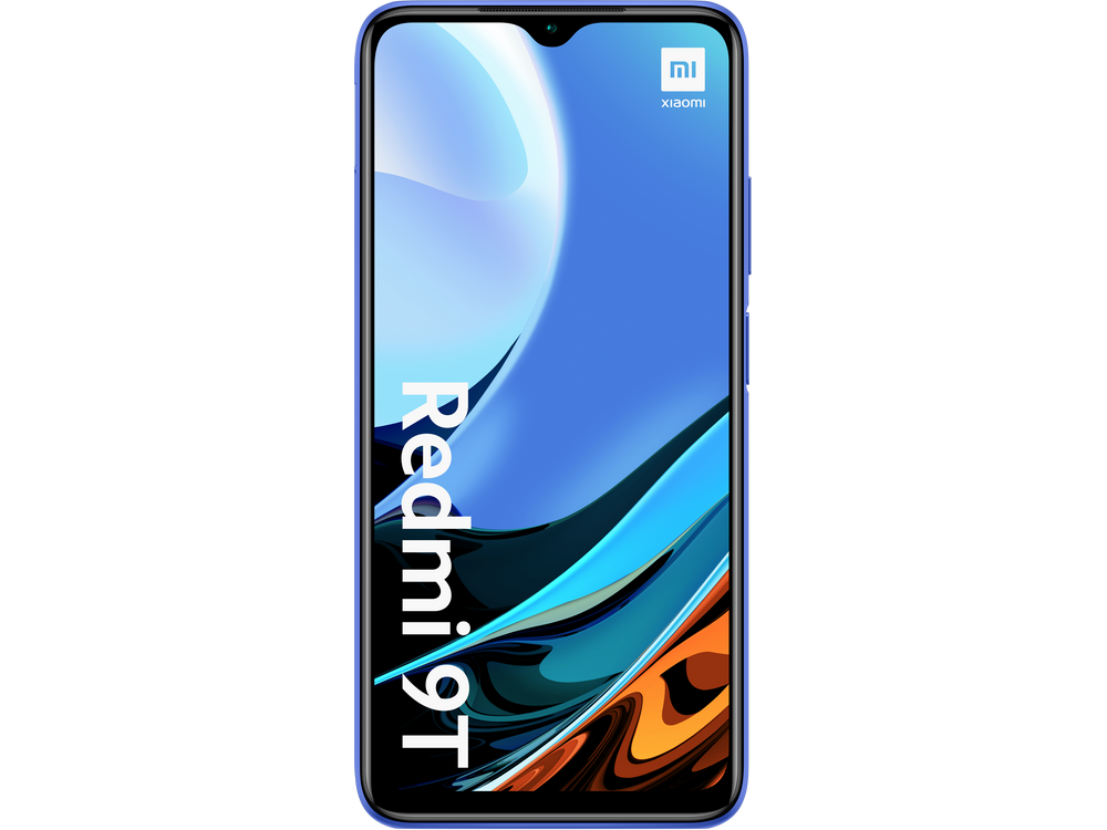 Un smartphone azul Xiaomi Redmi 9T con texto Redmi 9T.