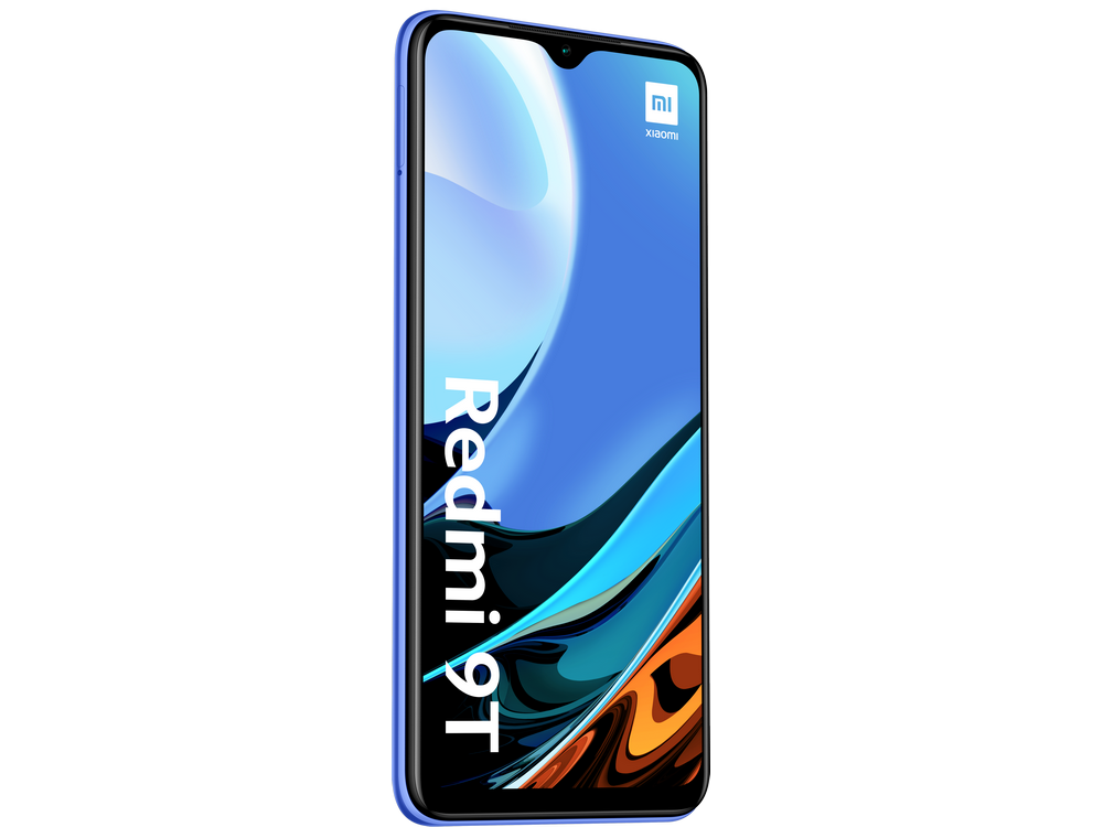Smartphone azul con pantalla grande, con la marca 'Redmi 9T'.