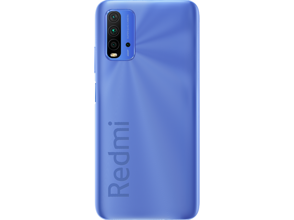 Parte trasera de un teléfono Redmi azul con triple cámara y el logo Redmi.