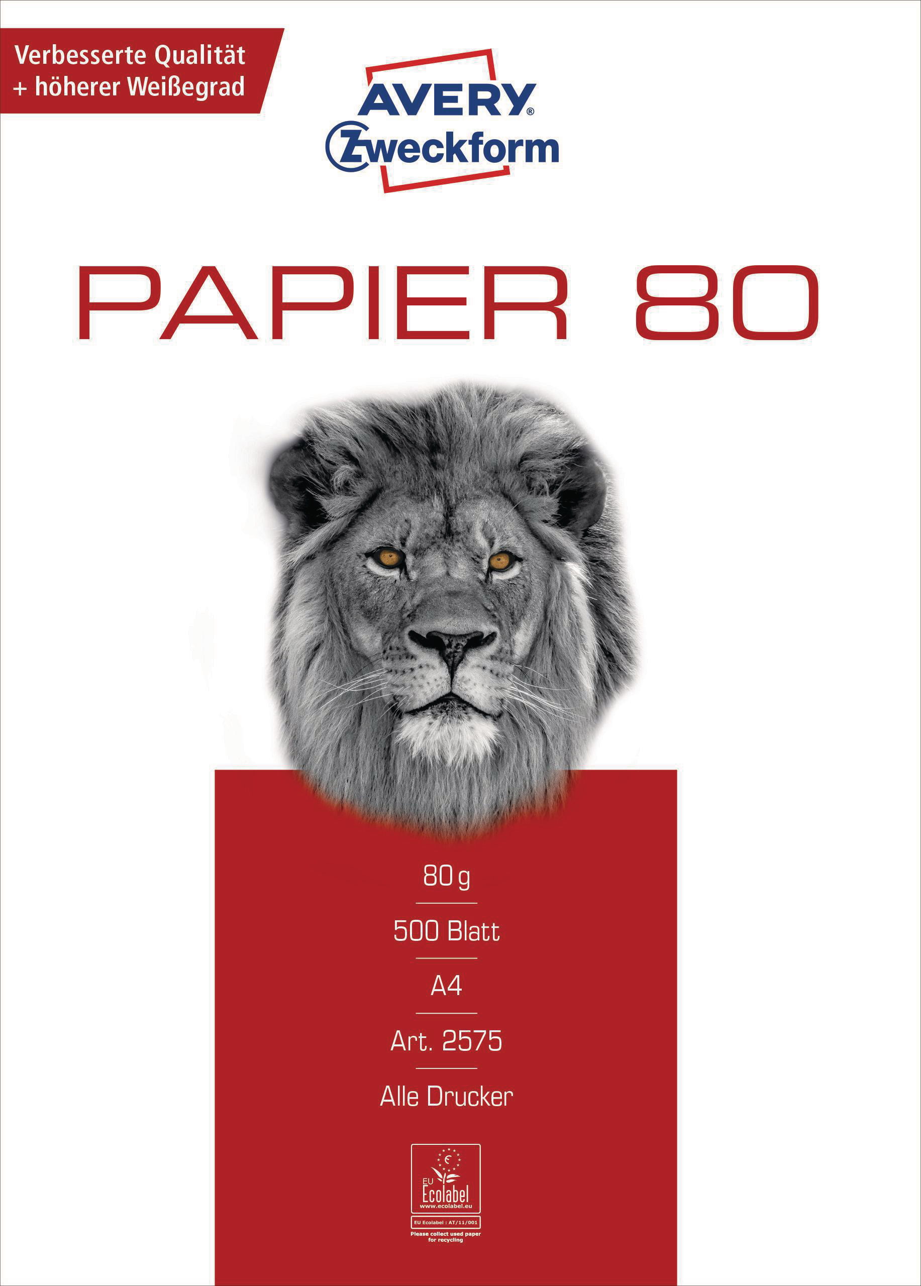 Papier mit Löwenkopf und Text: Avery Zweckform Papier 80, mit roten und weißen Farben.