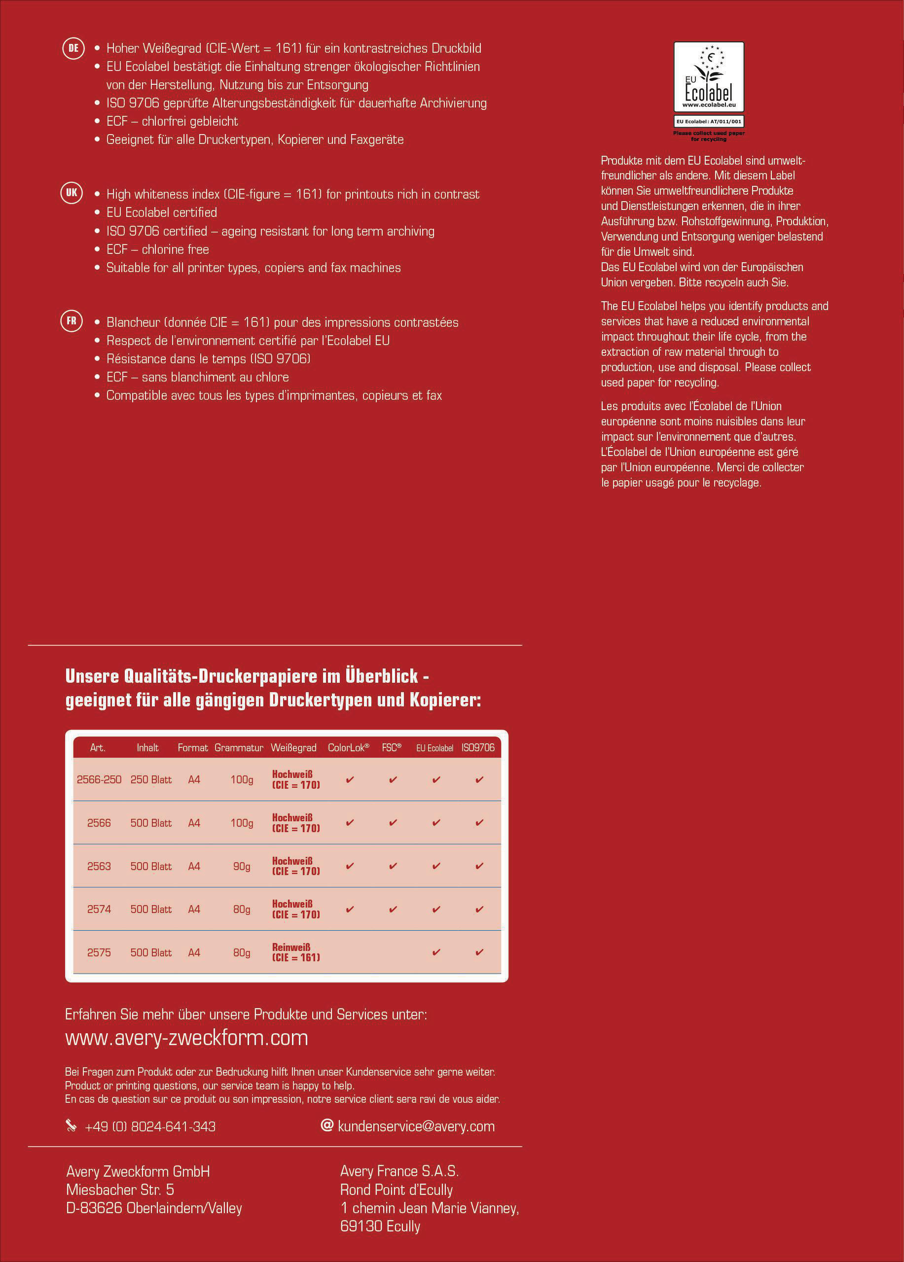 Avery-Zweckform Papierprodukt-Informationstabelle mit Text auf Deutsch.