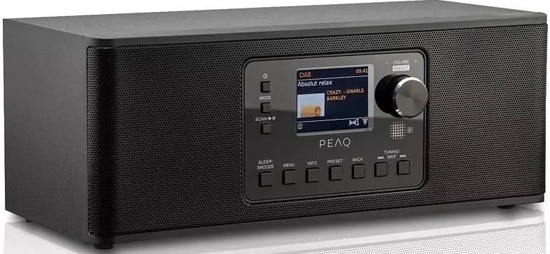Black PEAQ radio with a display showing music info and control buttons.