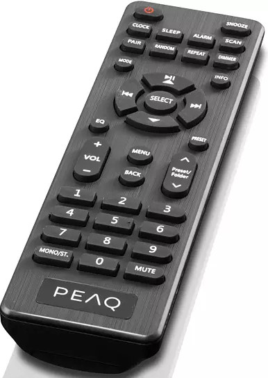 A black remote control with many buttons, labeled with white text.
