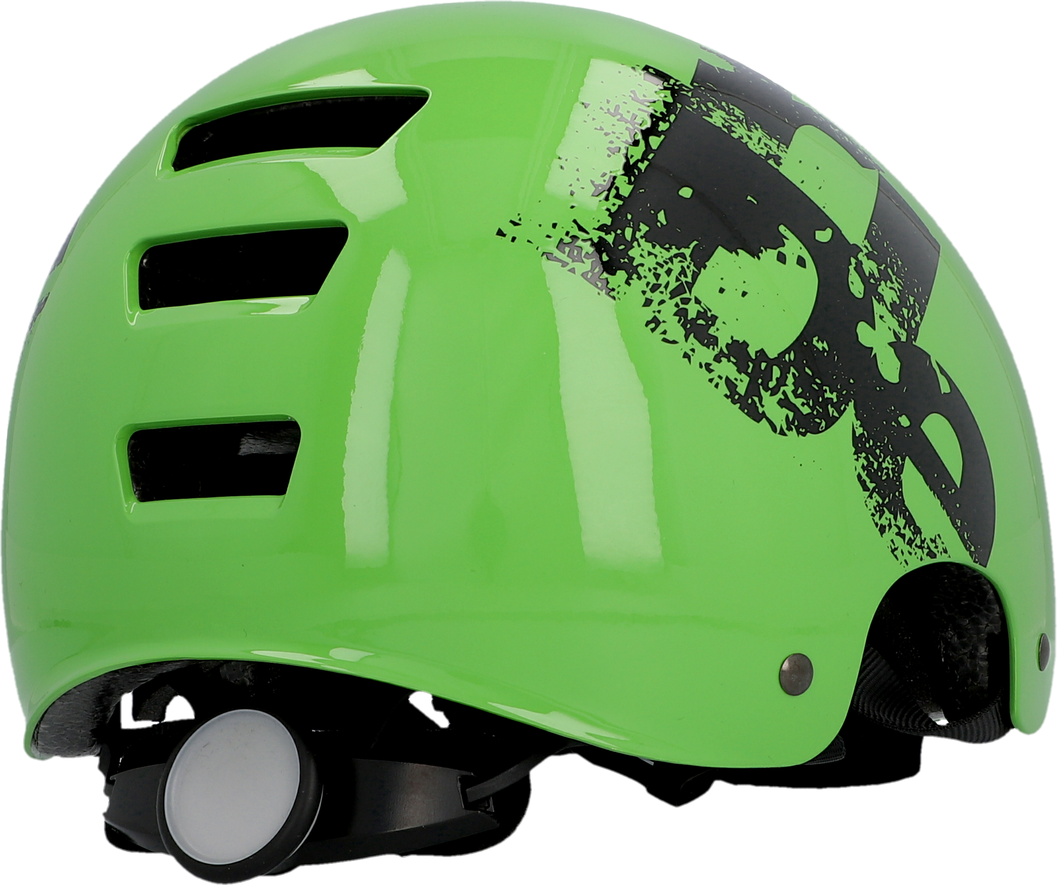 Ein grüner Fahrradhelm mit schwarzer Grafik, vor schwarzem Hintergrund.