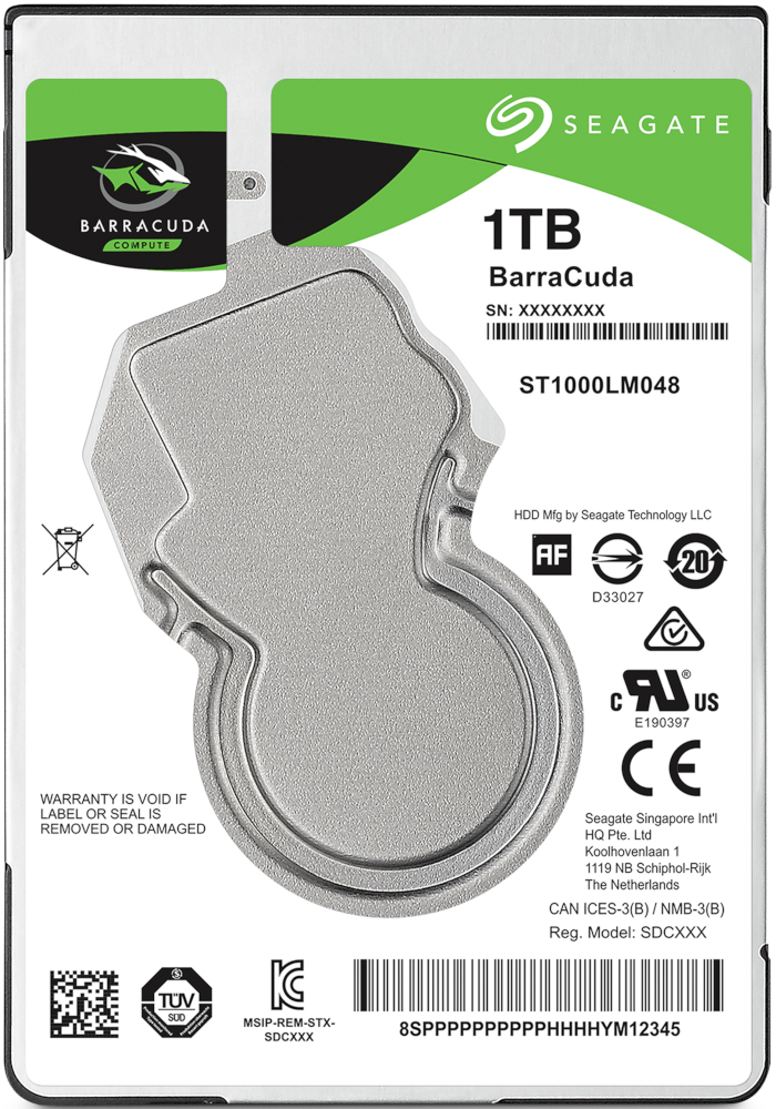 Seagate 1TB Barracuda hard drive with details on label.