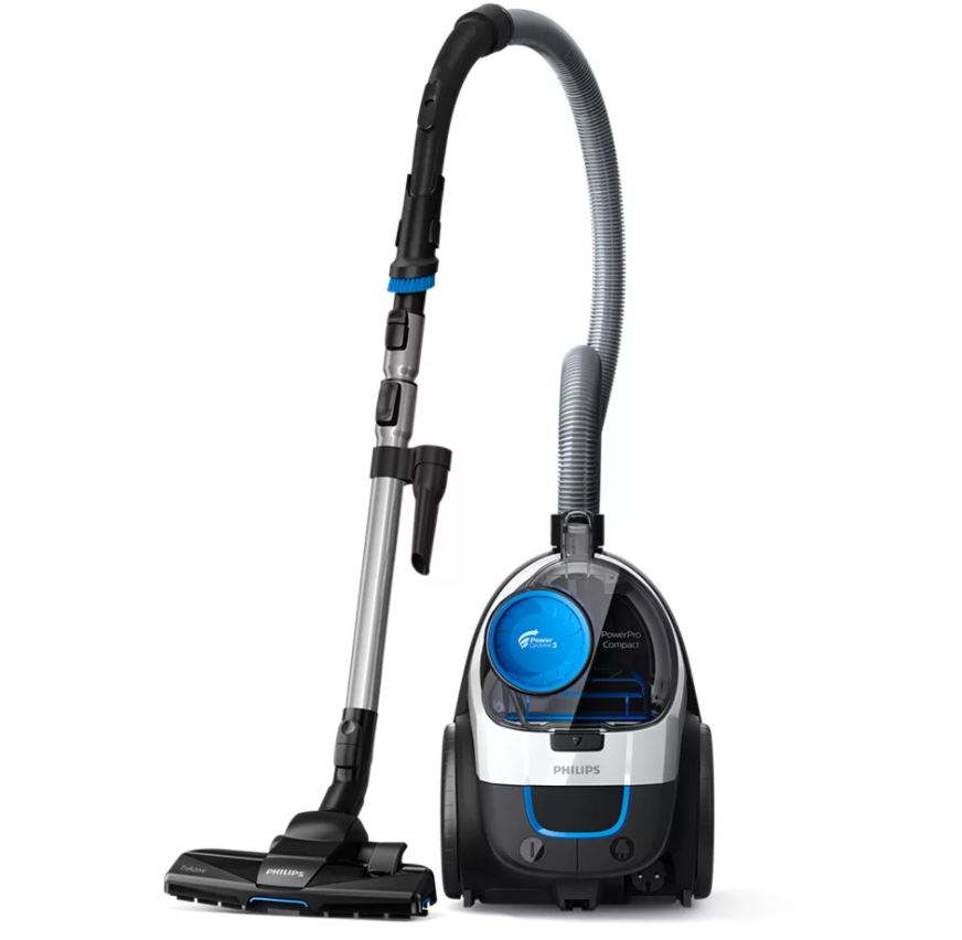 Egy fekete és kék Philips PowerPro Compact porszívó.