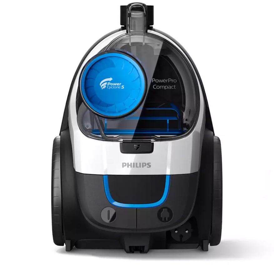 Fehér és fekete porszívó kék díszítésekkel. PowerPro Compact logóval.