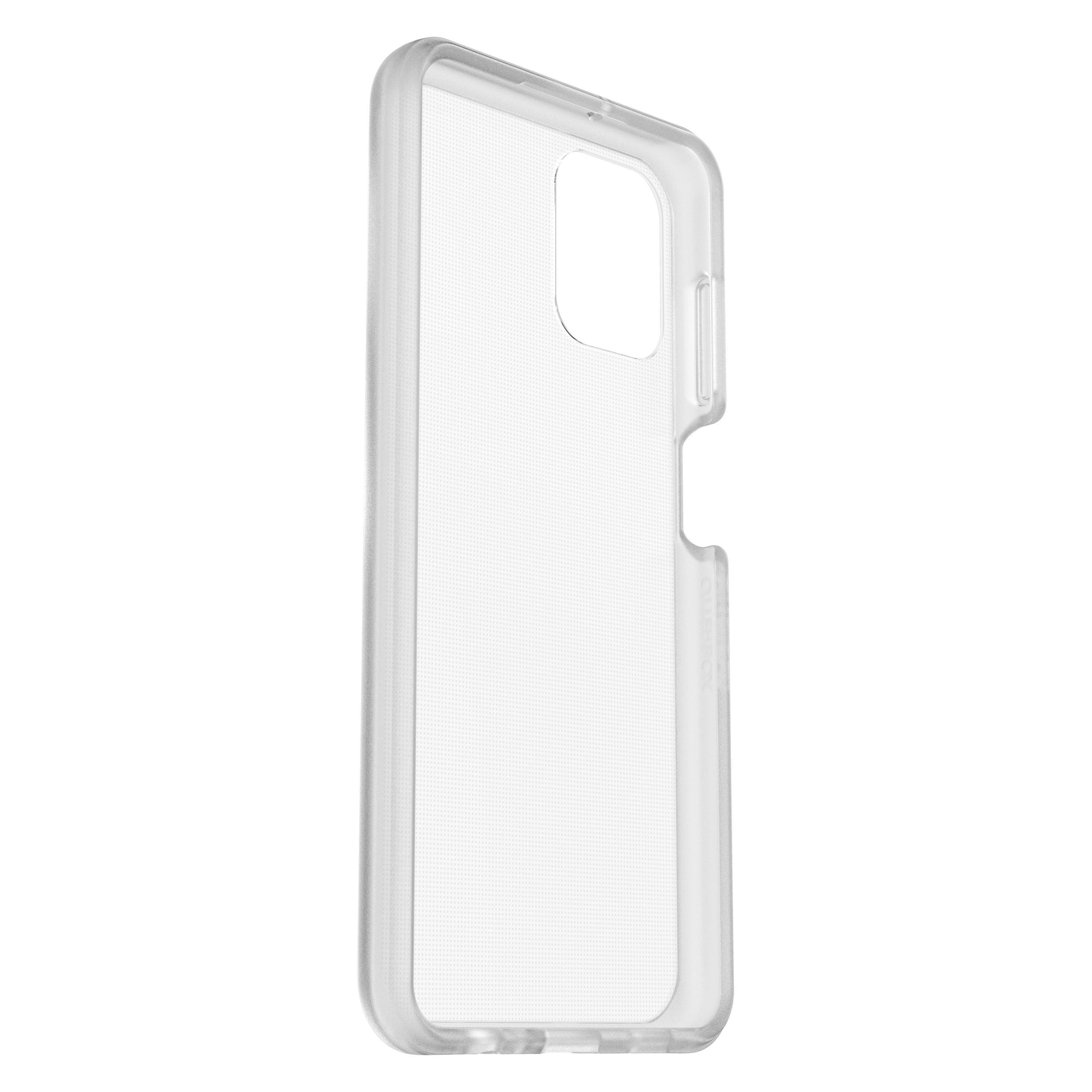Eine transparente Handyhülle auf weißem Hintergrund. Die Hülle ist transparent und hat einen Kameraausschnitt.