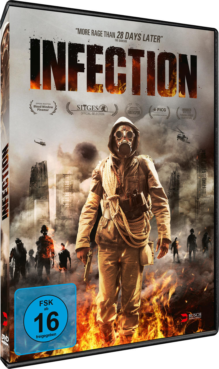 DVD-Cover mit Gasmaskenmann und brennender Stadt. Titel: 'Infection'.
