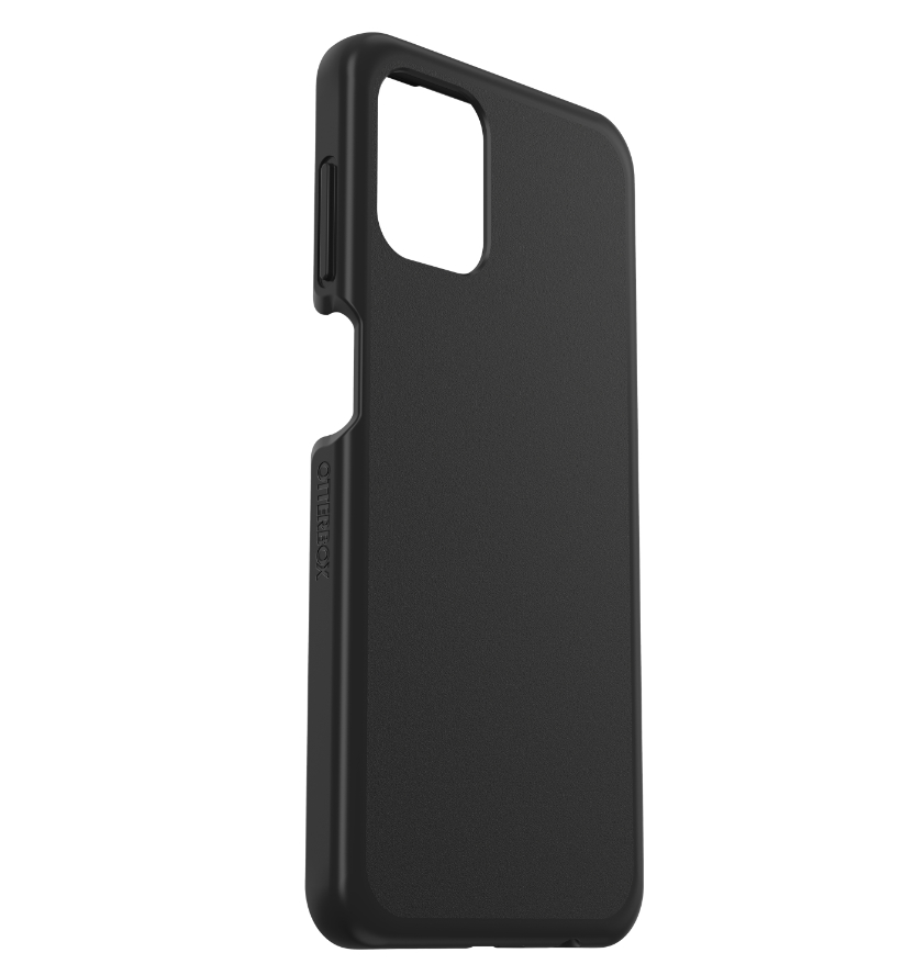 Schwarze Handyhülle. Sie hat ein Loch für die Kamera, einen Seitentasten-Ausschnitt und das Otterbox-Logo.