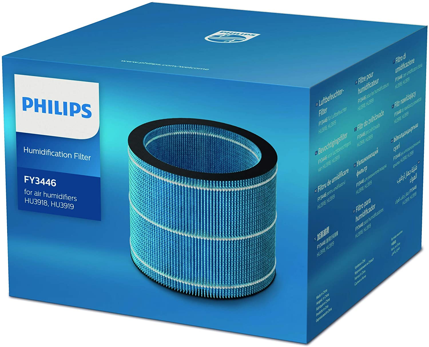 Scatola blu del filtro di umidificazione Philips con un filtro dell'aria cilindrico all'interno.