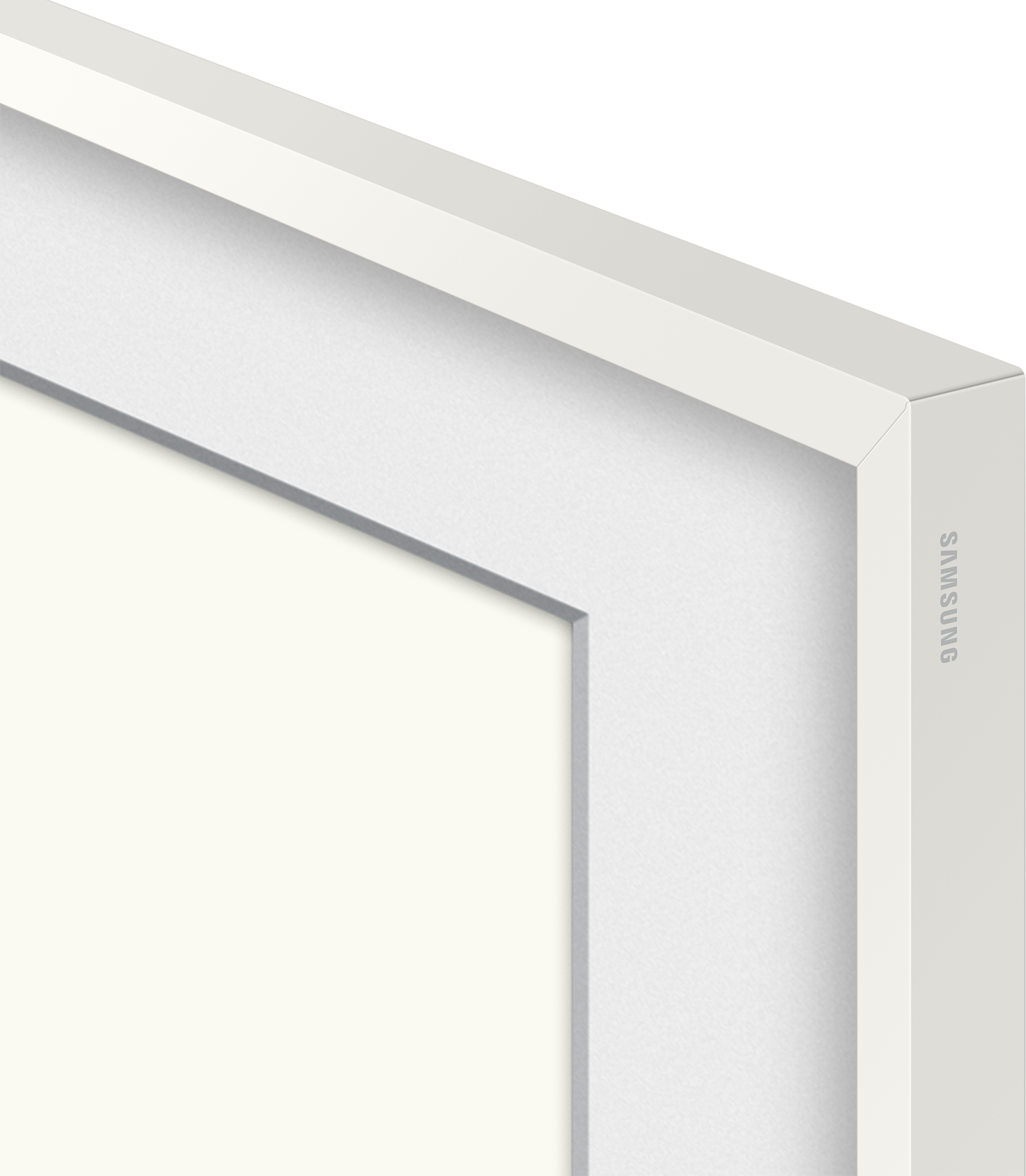 Nahaufnahme der Ecke eines weißen Samsung-Rahmens. Das Wort 'SAMSUNG' steht auf der Seite des Rahmens.