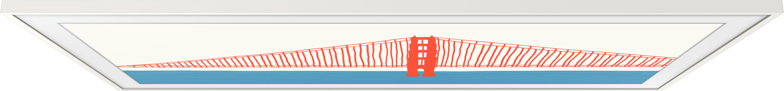 Illustration der Golden Gate Bridge. Rote Brücke, blaues Wasser, weißer Rahmen.