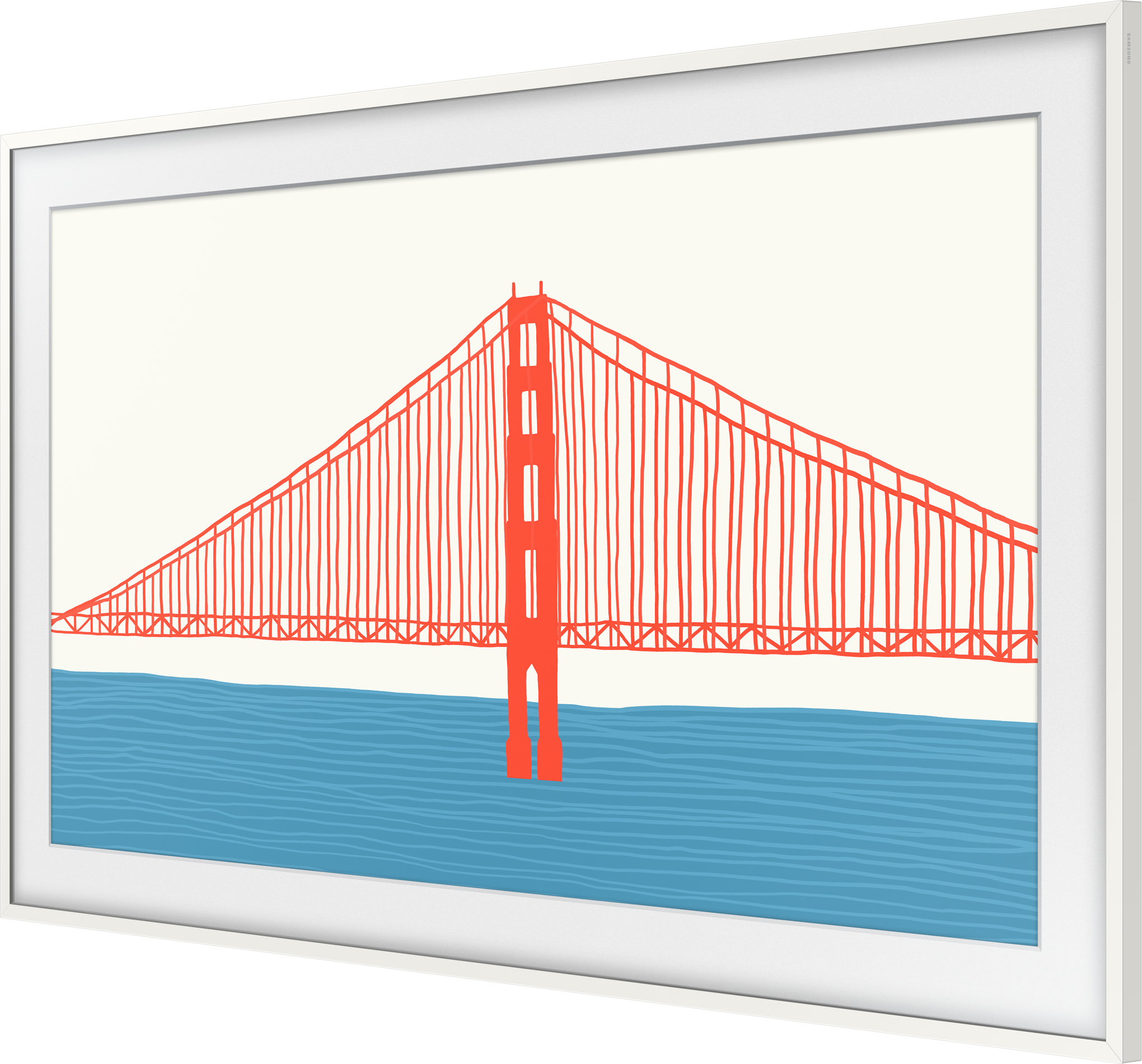 Moderner Fernseher mit Illustration der Golden Gate Bridge. Brücke rot, Wasser blau, Rahmen weiß.