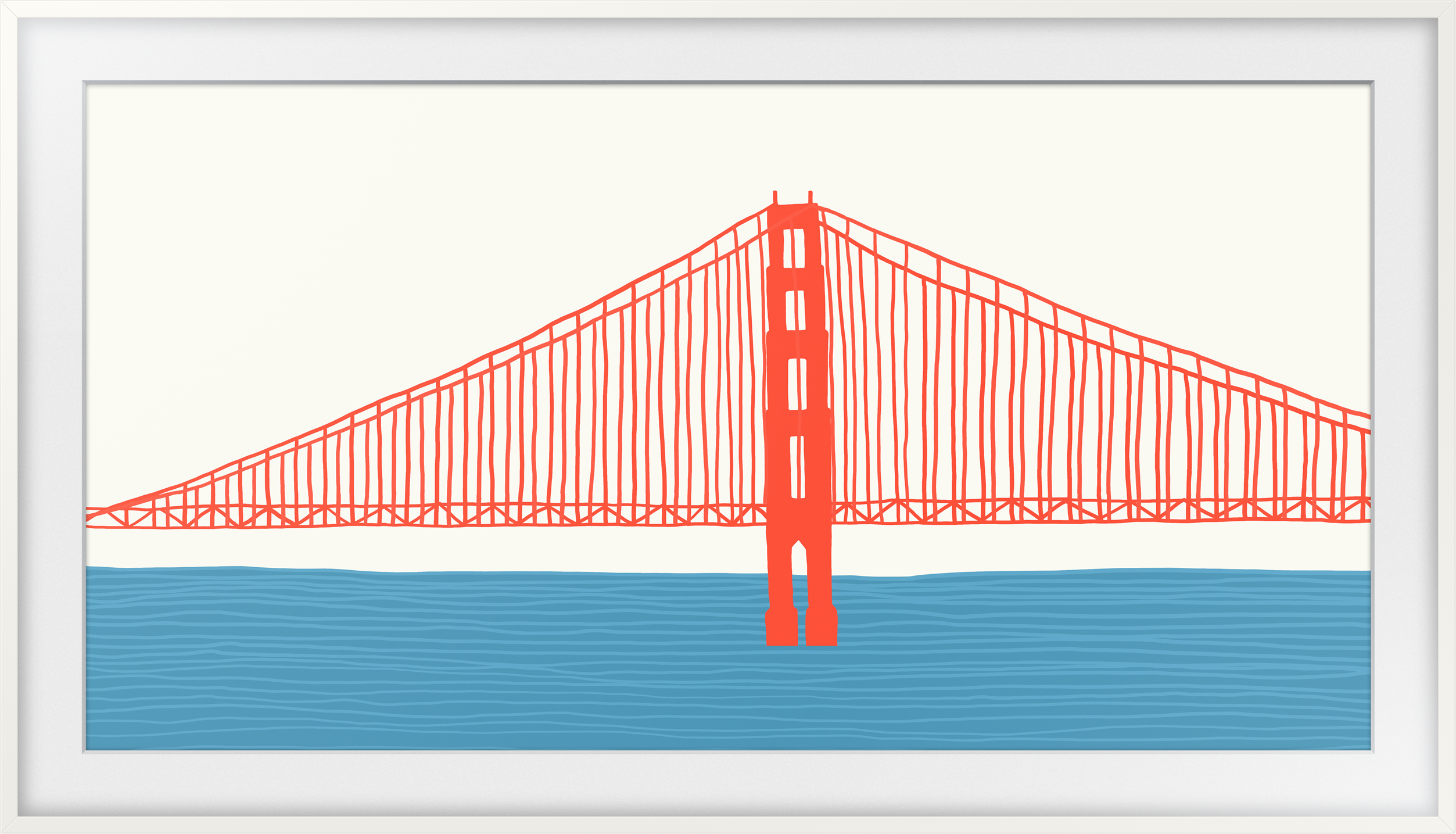 Ein gerahmtes Kunstwerk der Golden Gate Bridge in Rot vor weißem Hintergrund.