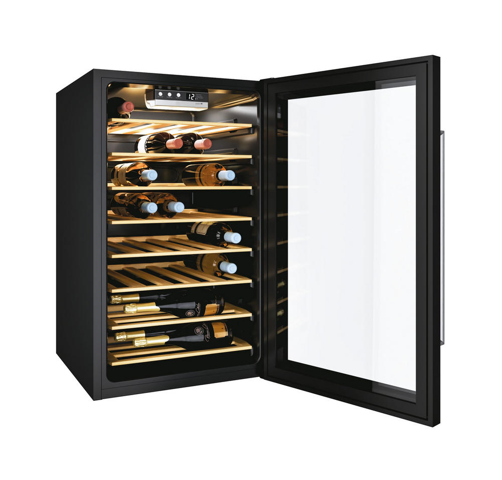 Vinoteca - Candy CWC 154 EEL/N, 121l, 41 botellas, WIFI, LED, Tratamiento anti UV, Baldas madera, 39 dB, Negro