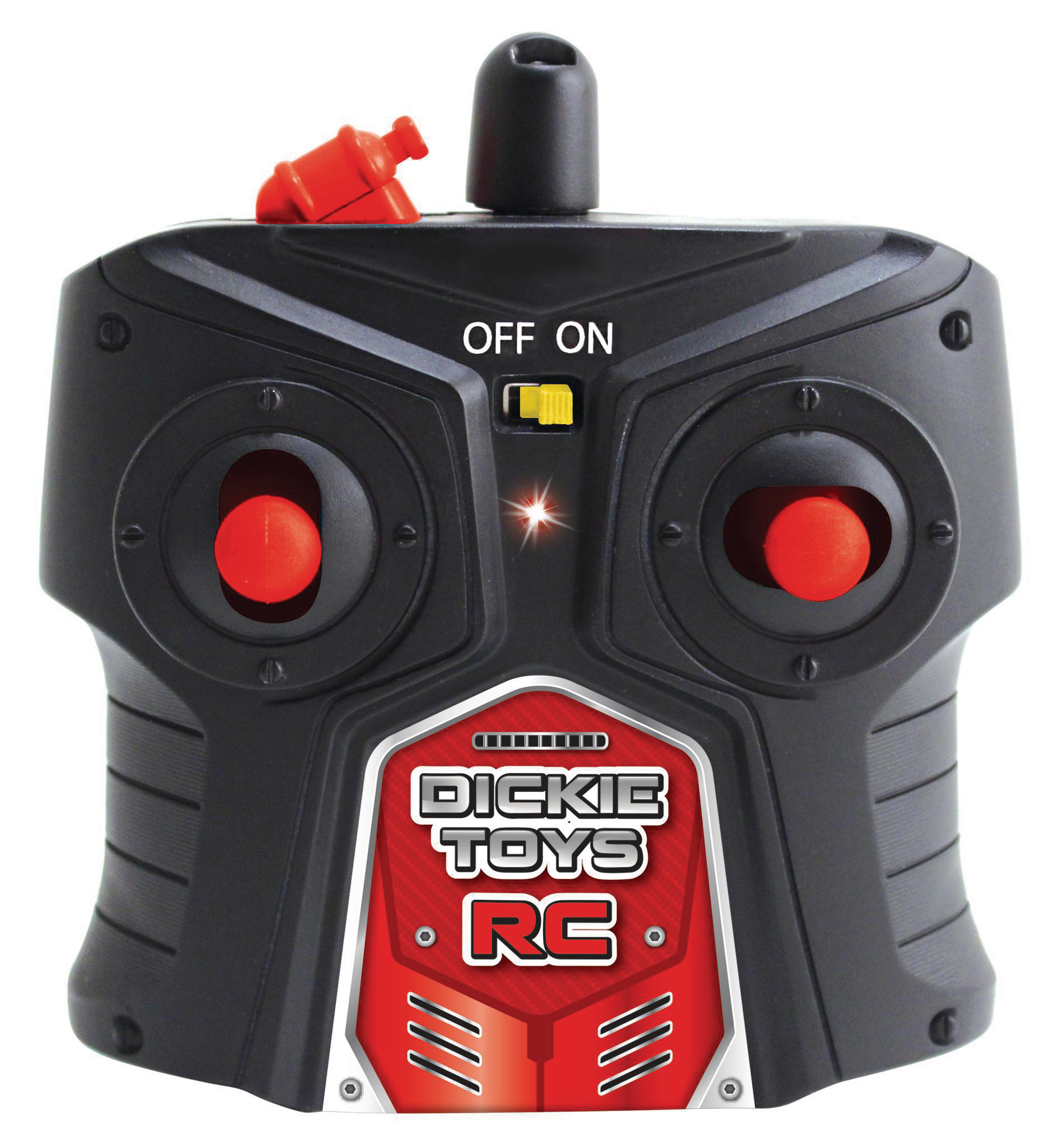 Schwarze Dickie Toys RC-Fernbedienung. Mit roten Knöpfen, einem rot-weißen Logo und einem Ein-/Ausschalter. Sie hat eine rote Antenne.