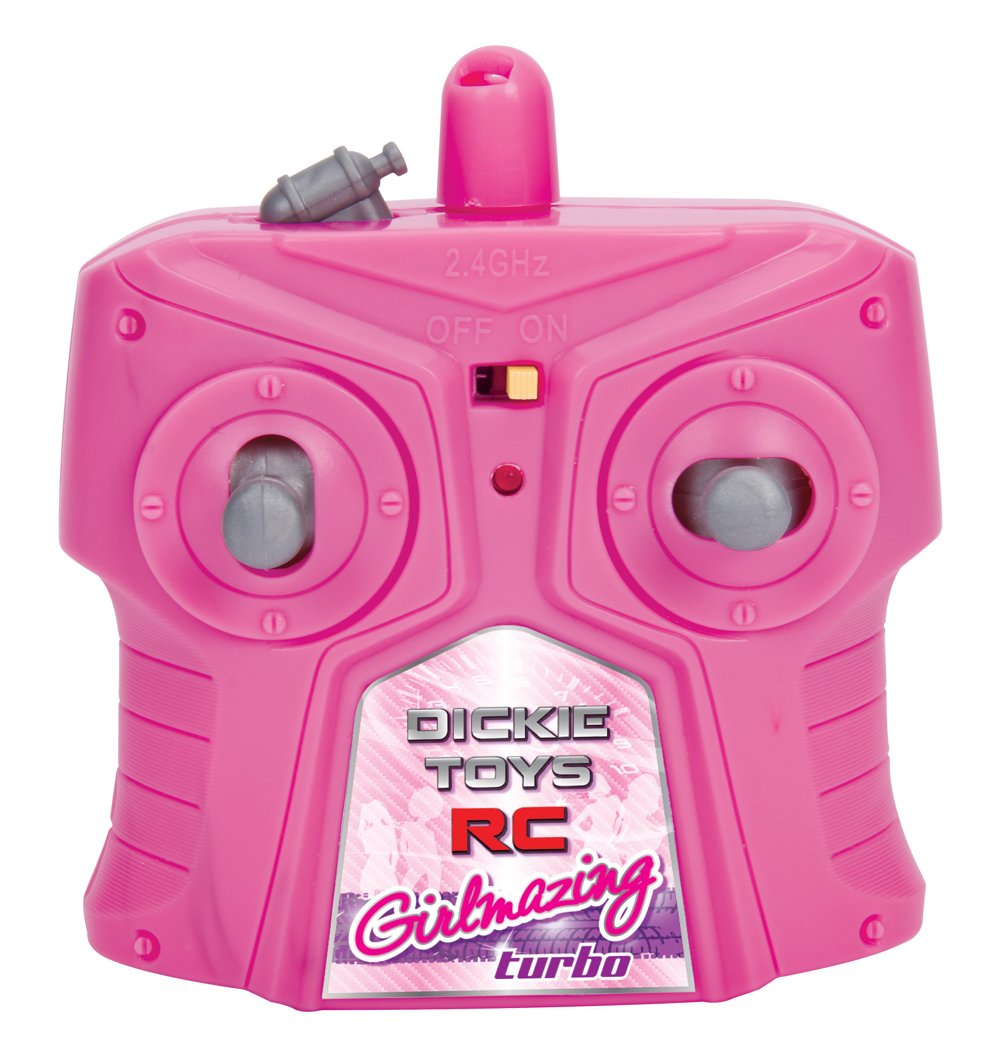 Rosa Dickie Toys RC-Fernbedienung. Es steht 'Girlmazing Turbo' drauf. Hat zwei graue Joysticks und eine kleine graue Antenne.