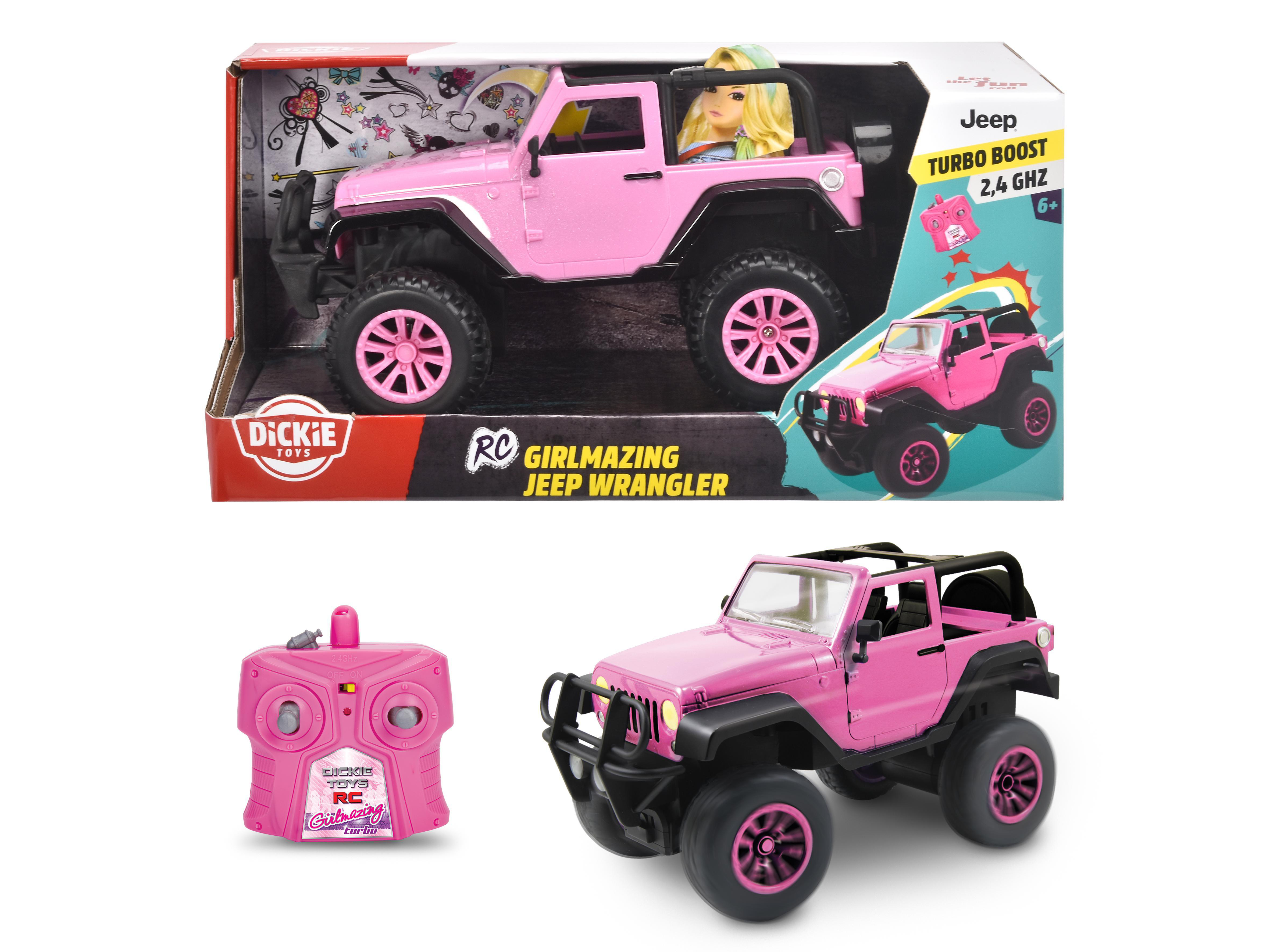 Ein pinkfarbener Spielzeug-Jeep Wrangler mit schwarzen Rädern und Fernbedienung, in einer Box, vor weißem Hintergrund.