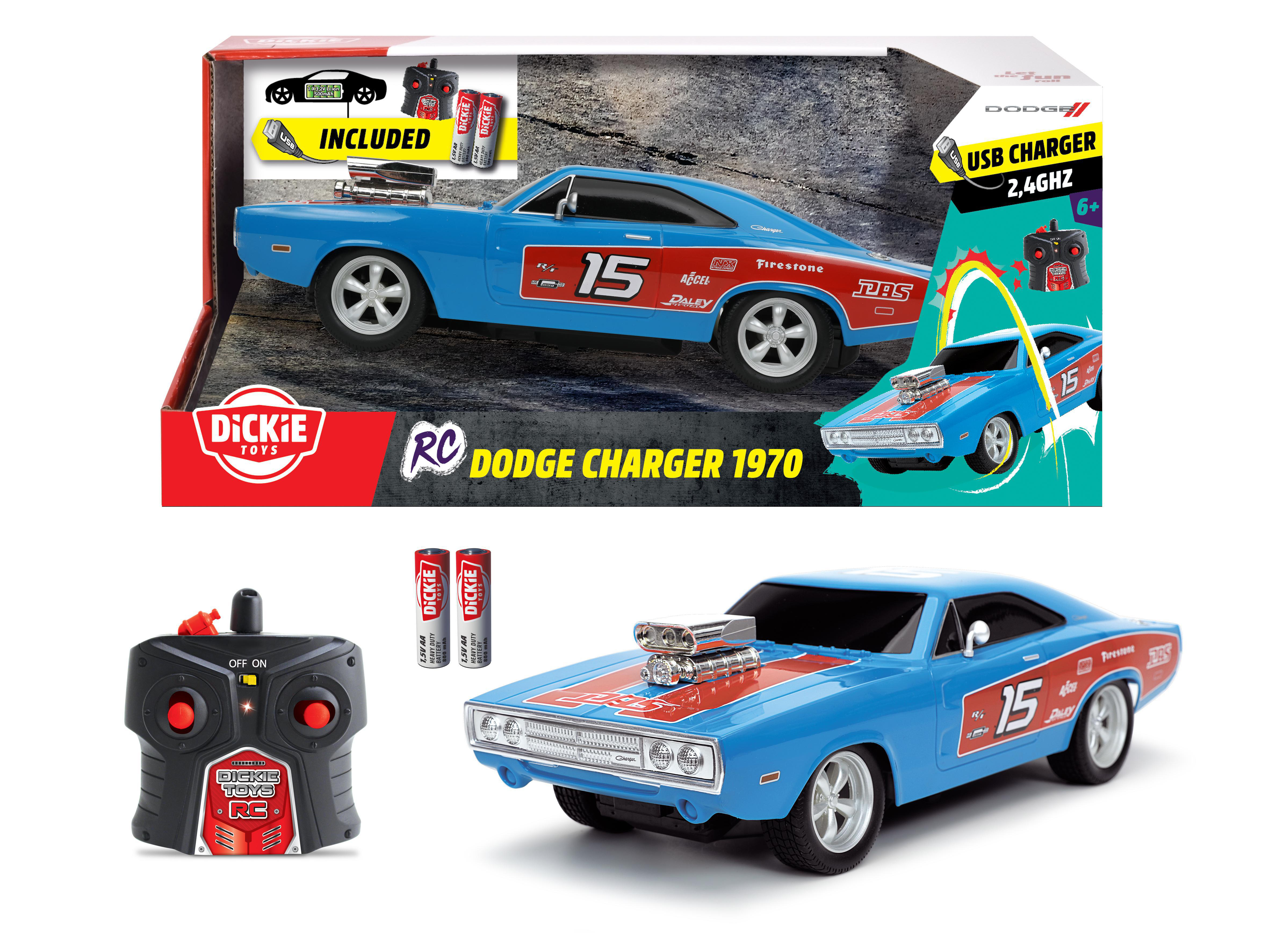 Spielzeug Dodge Charger 1970 im Karton, mit Fernbedienung und Batterien.