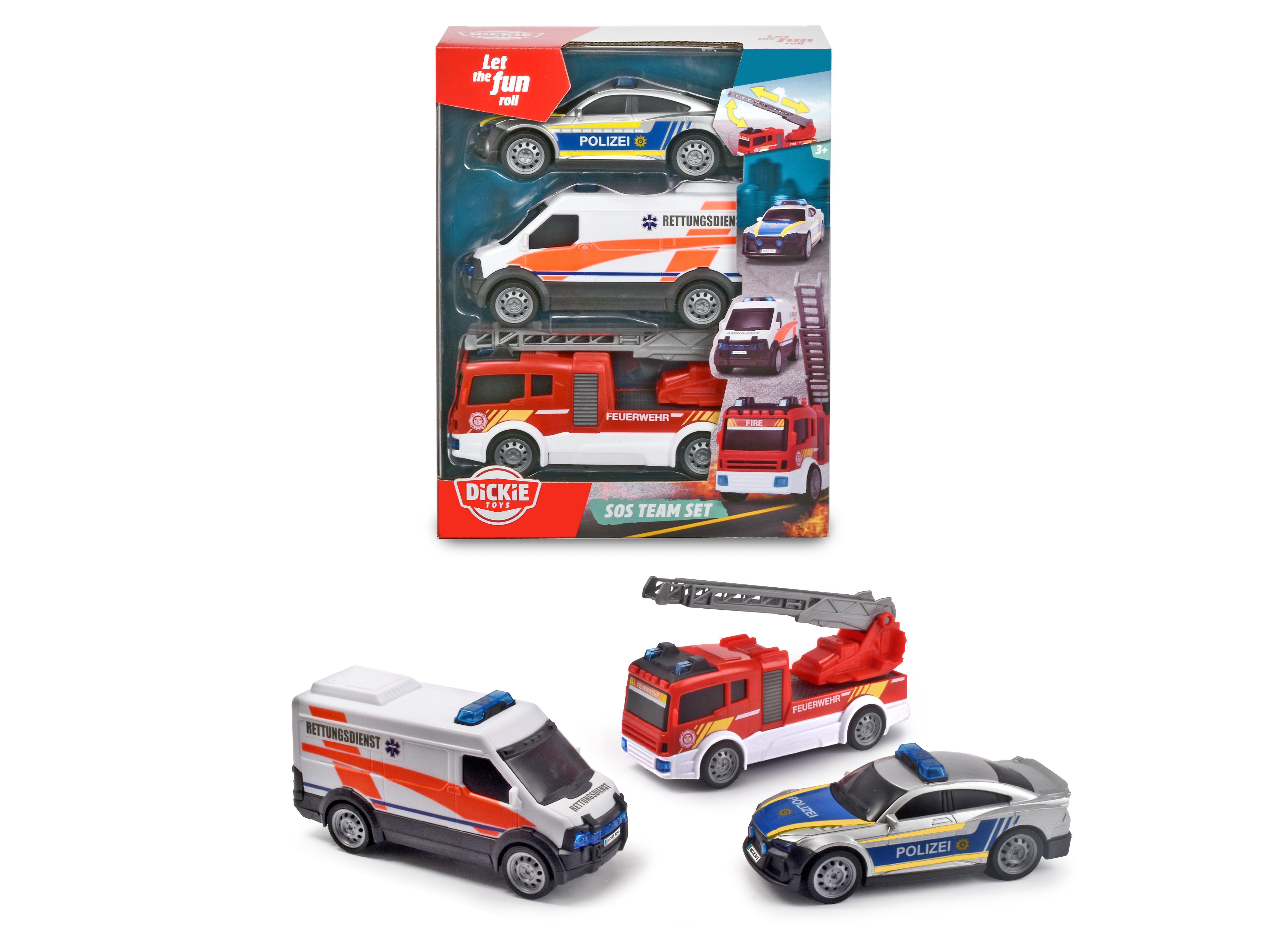 DICKIE-TOYS SOS Team Set, 3er Spielset bestehend aus Rettungswagen, Polizei & Feuerwehrauto Spielzeugauto Mehrfarbig