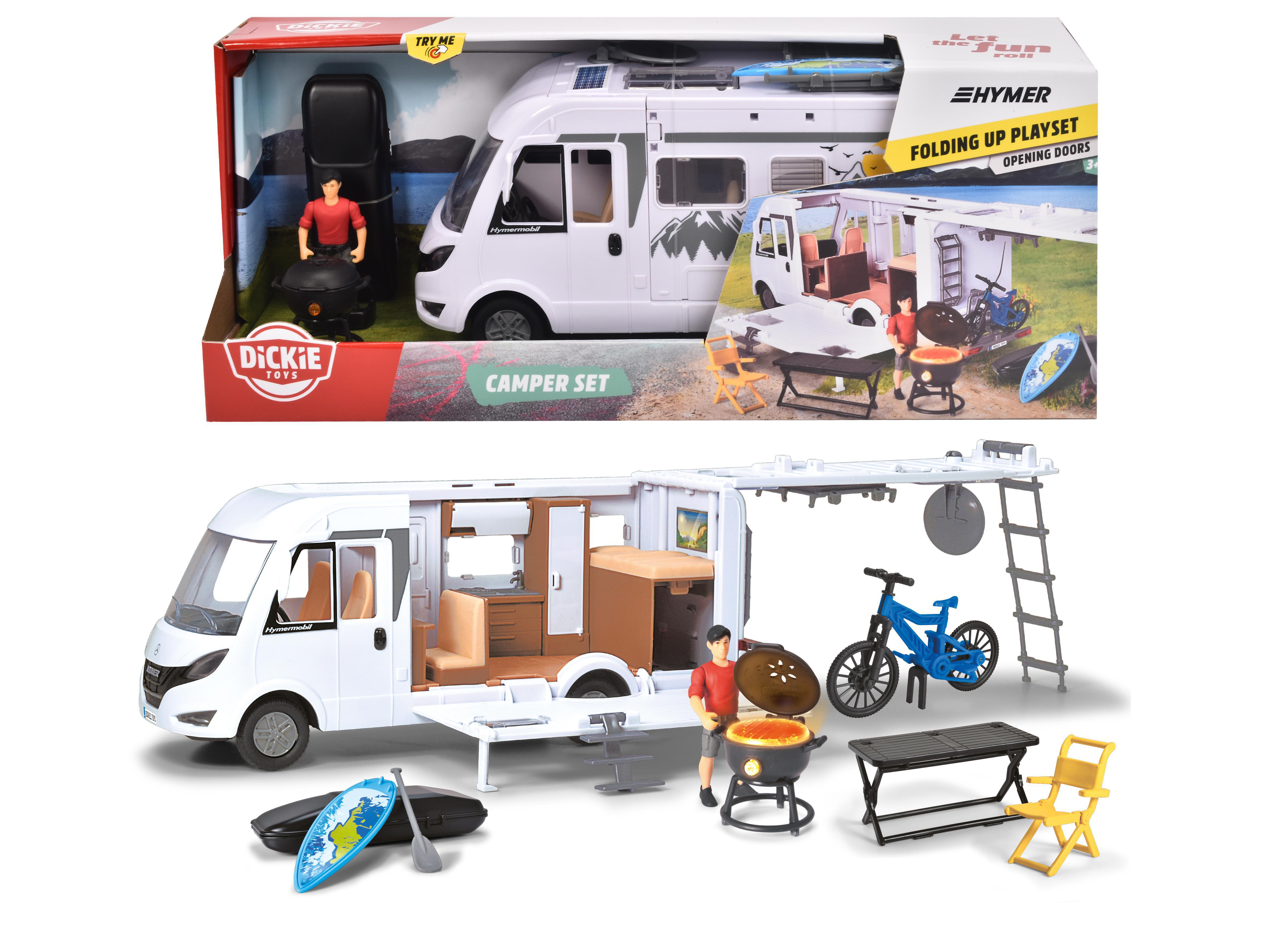 DICKIE-TOYS Camper Set, Hymer Camping Weiß mit Spielzeugauto Van Interieur