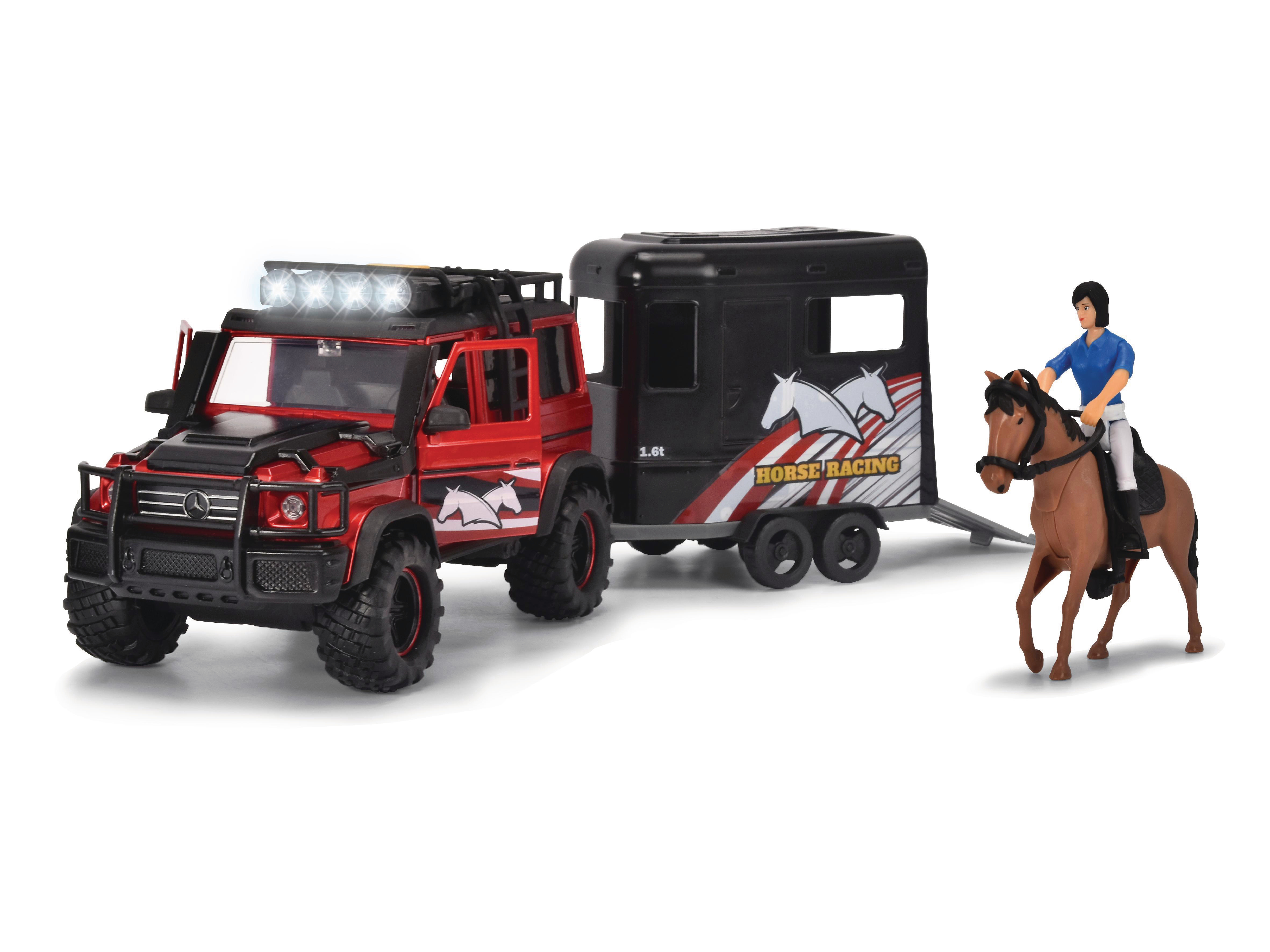 DICKIE-TOYS Pferdeanhänger Set, Mercedes Pferdeanhänger Geländewagen Rot AMG Spielzeugauto & mit 500 Pferd Benz