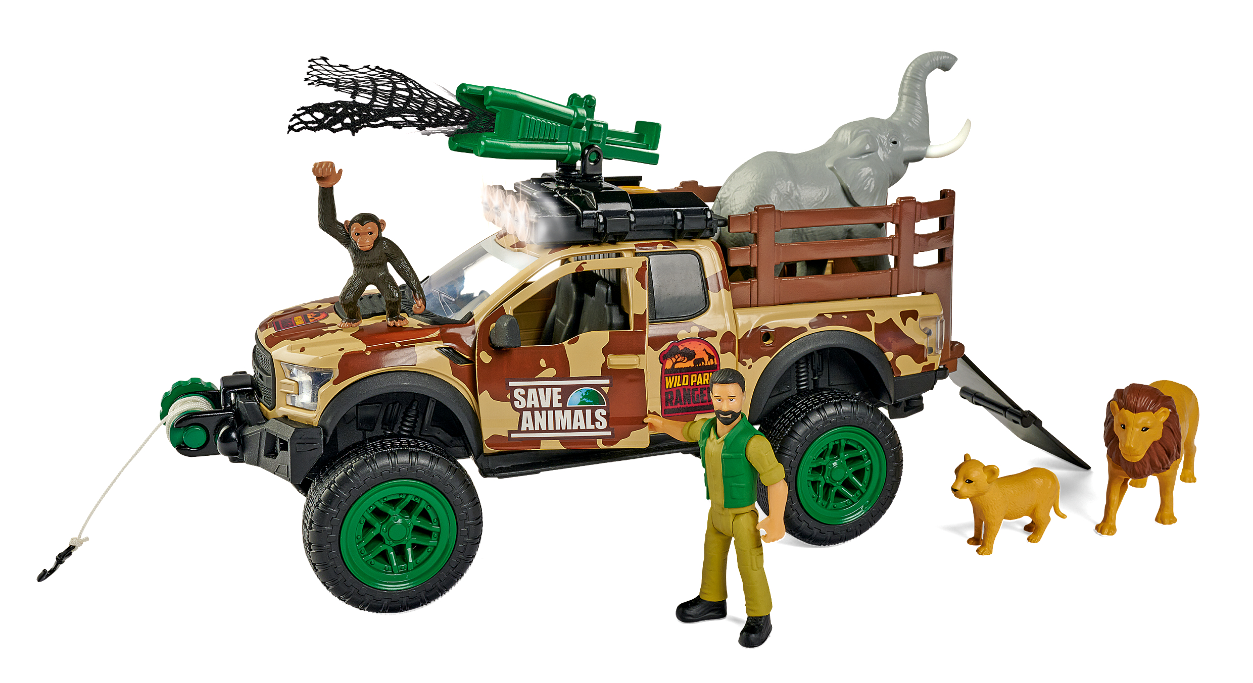 DICKIE-TOYS Wild Park Ranger Set, & Ford Spielzeugauto Licht Tierkäfig, Mehrfarbig Raptor, Sound