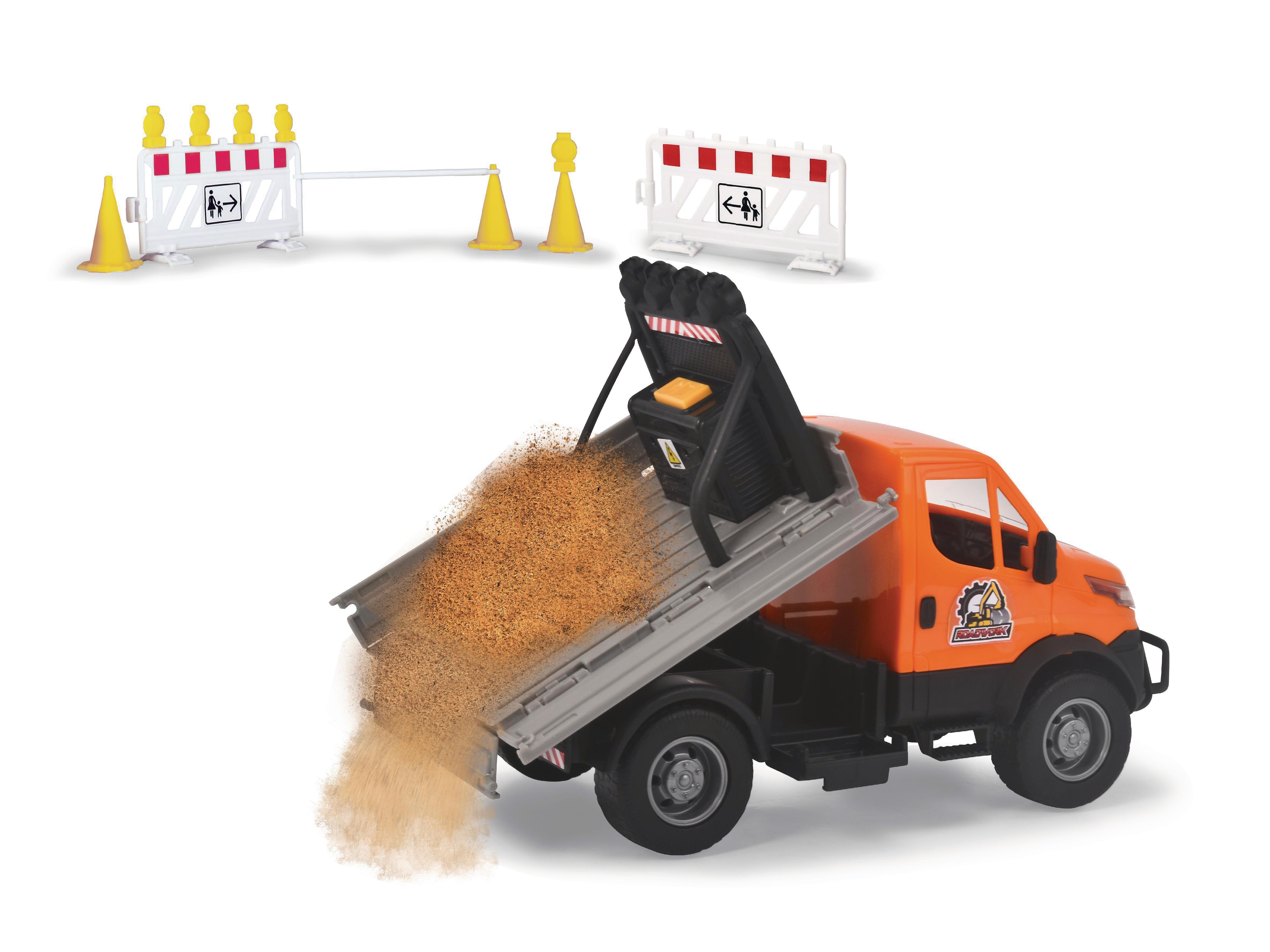 DICKIE-TOYS Straßenbau Set, Iveco Truck, Spielzeugauto Mehrfarbig & mit Bagger, Sound Licht Anhänger