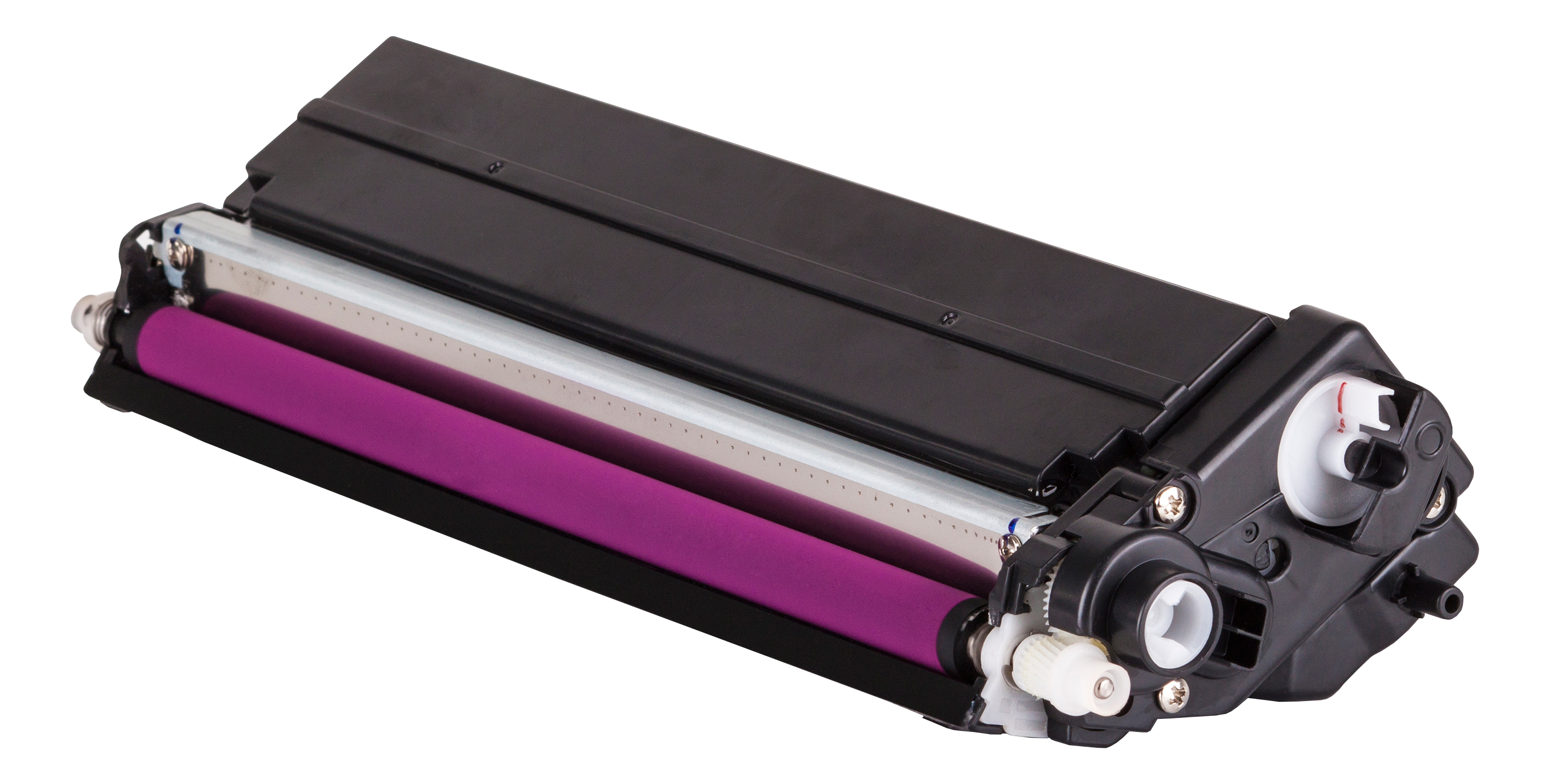 Une cartouche de toner noire avec tambour violet. Composant d'imprimante, isolé sur noir.