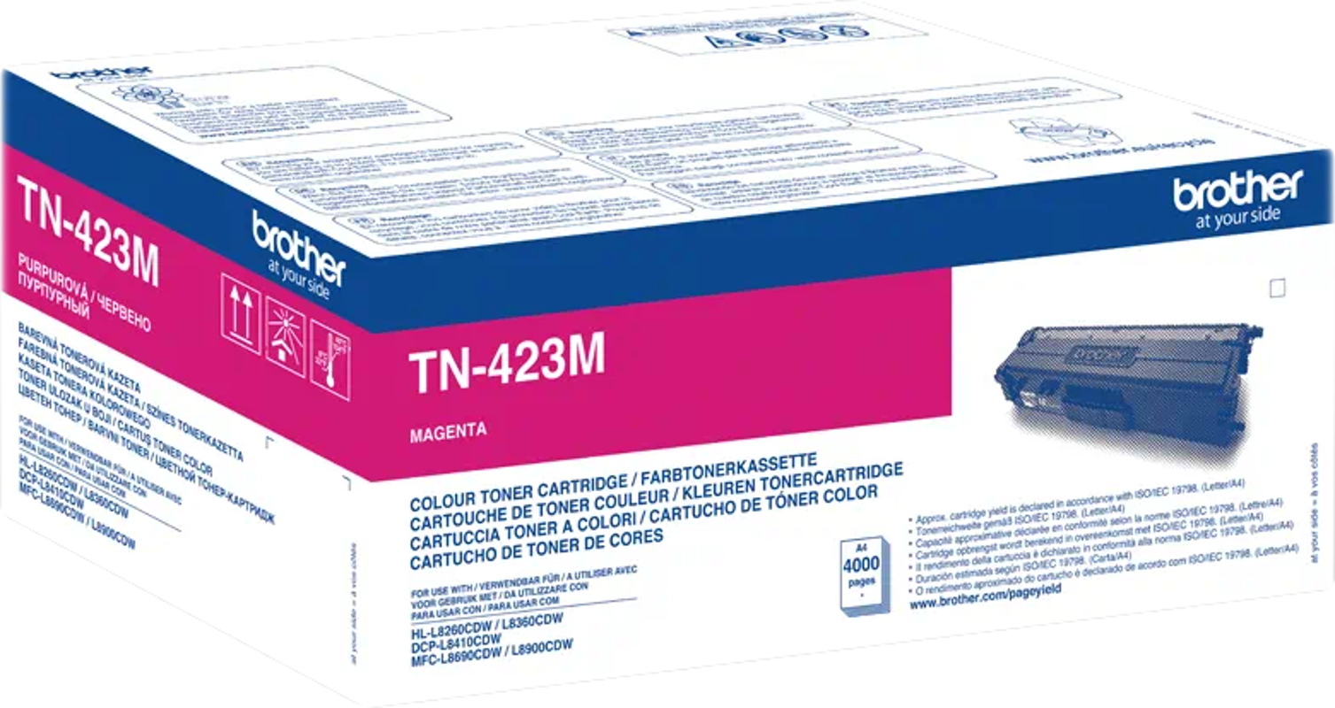 Une boîte de cartouche de toner magenta Brother TN-423M, avec texte et graphiques.