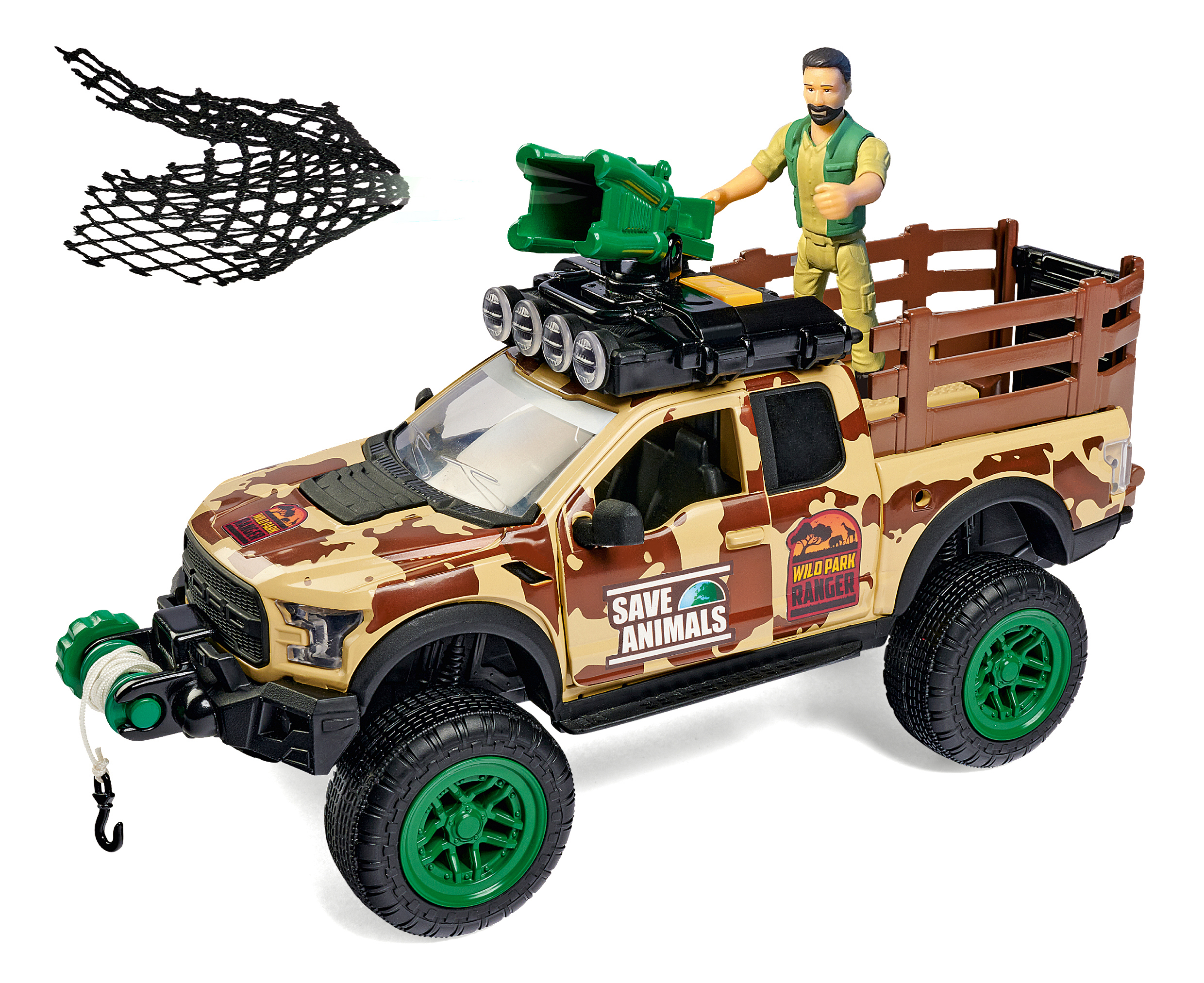 DICKIE-TOYS Wild Park Ranger Set, & Ford Spielzeugauto Licht Tierkäfig, Mehrfarbig Raptor, Sound
