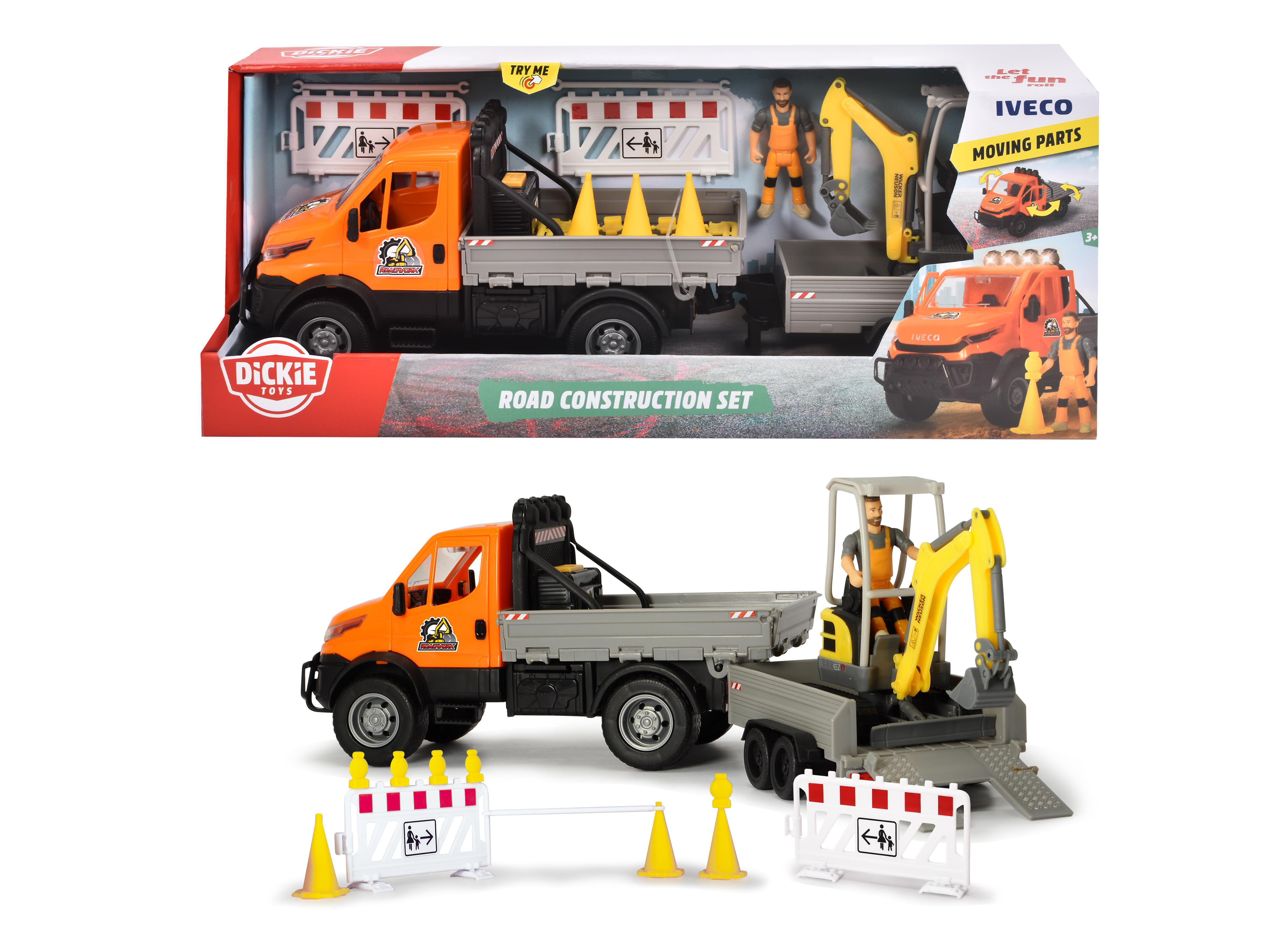 DICKIE-TOYS Straßenbau Iveco Sound Spielzeugauto Truck, mit Licht Bagger, Anhänger & Mehrfarbig Set