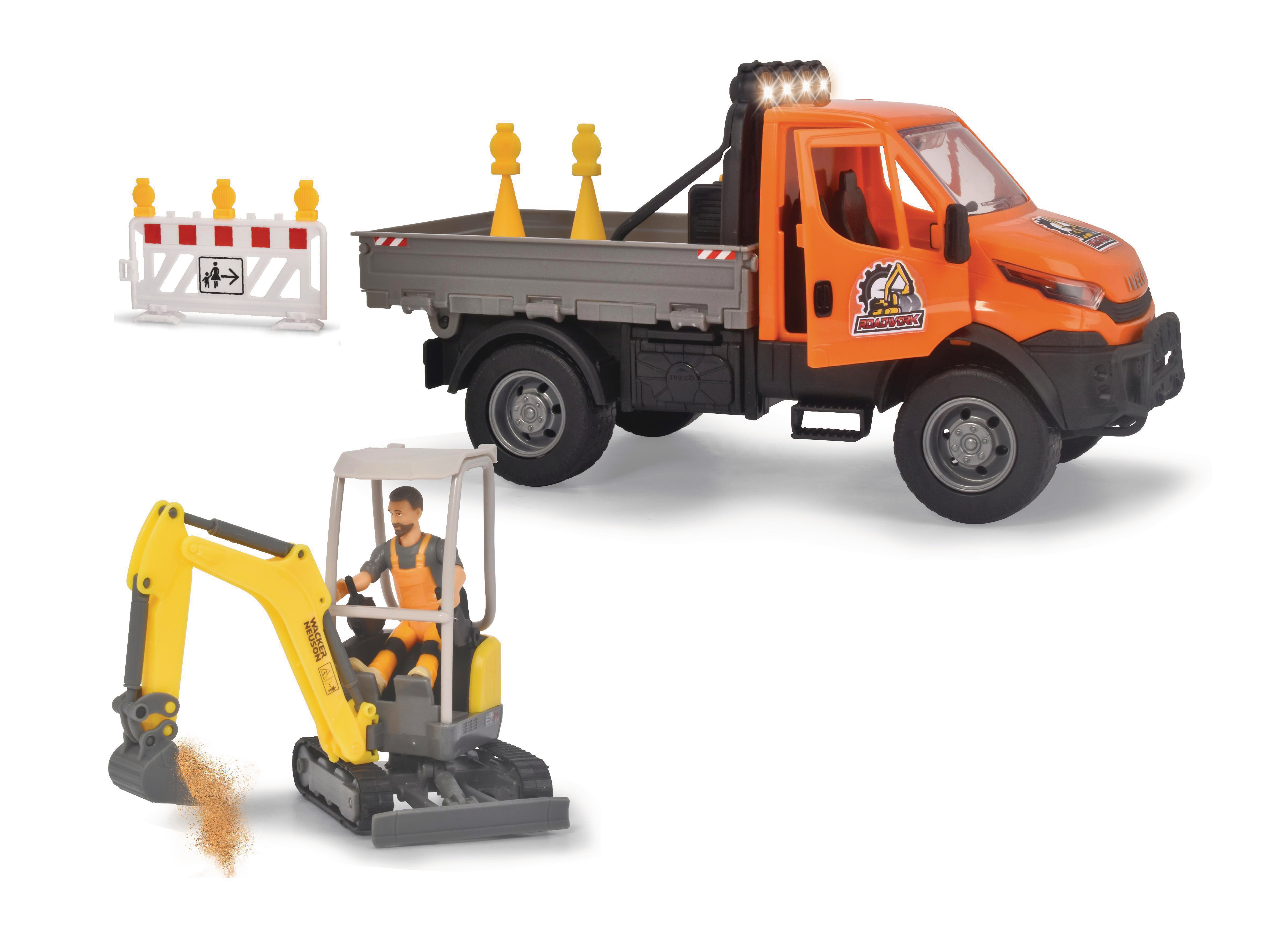 DICKIE-TOYS Straßenbau Set, Iveco Truck, Spielzeugauto Mehrfarbig & mit Bagger, Sound Licht Anhänger