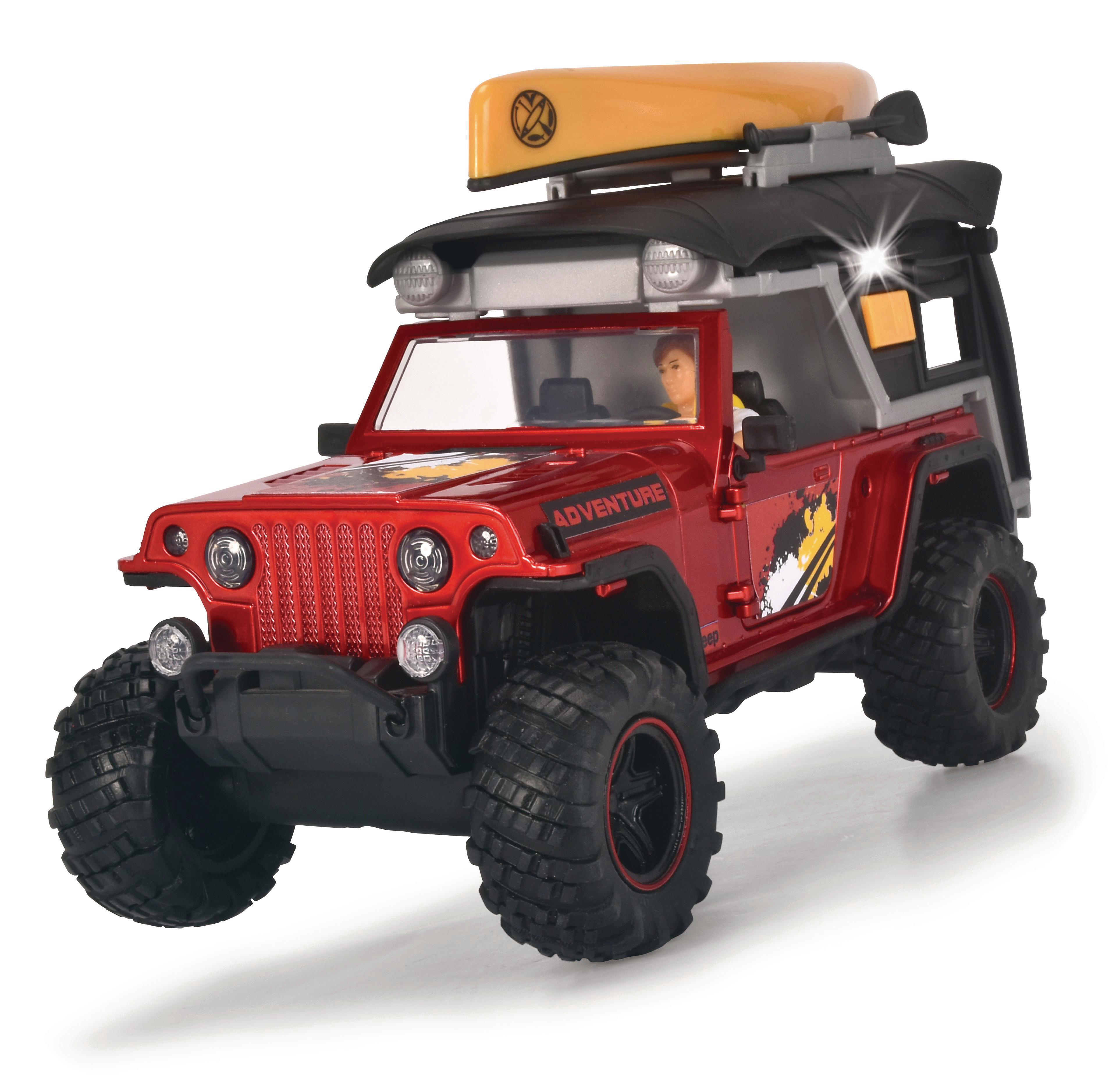 Roter Spielzeug-Jeep mit Kajak, auf weißer Fläche. Abenteuer an der Seite.