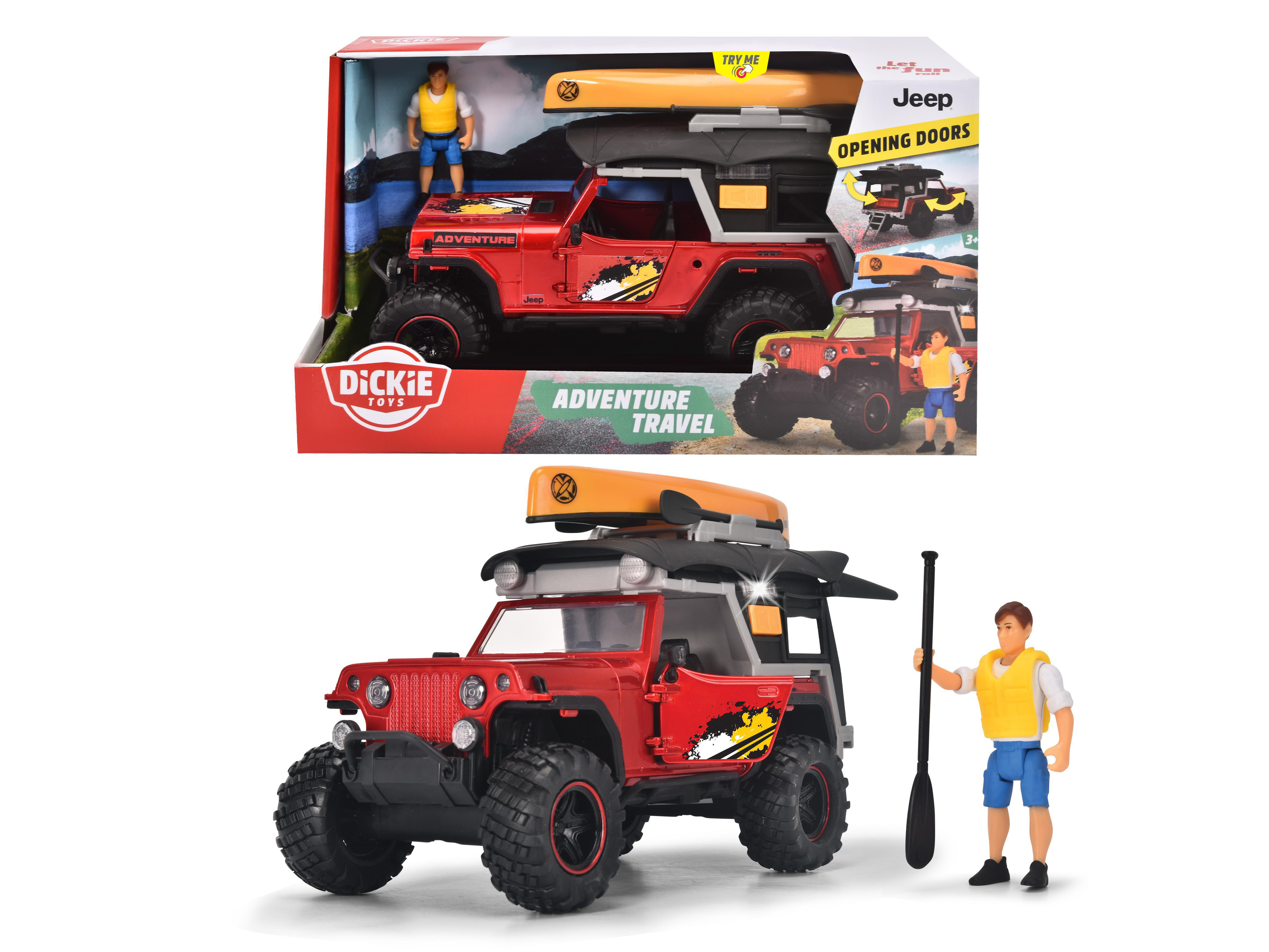 Roter Spielzeug-Jeep mit Kajak, Figur und einer Box mit dem Jeep-Bild.