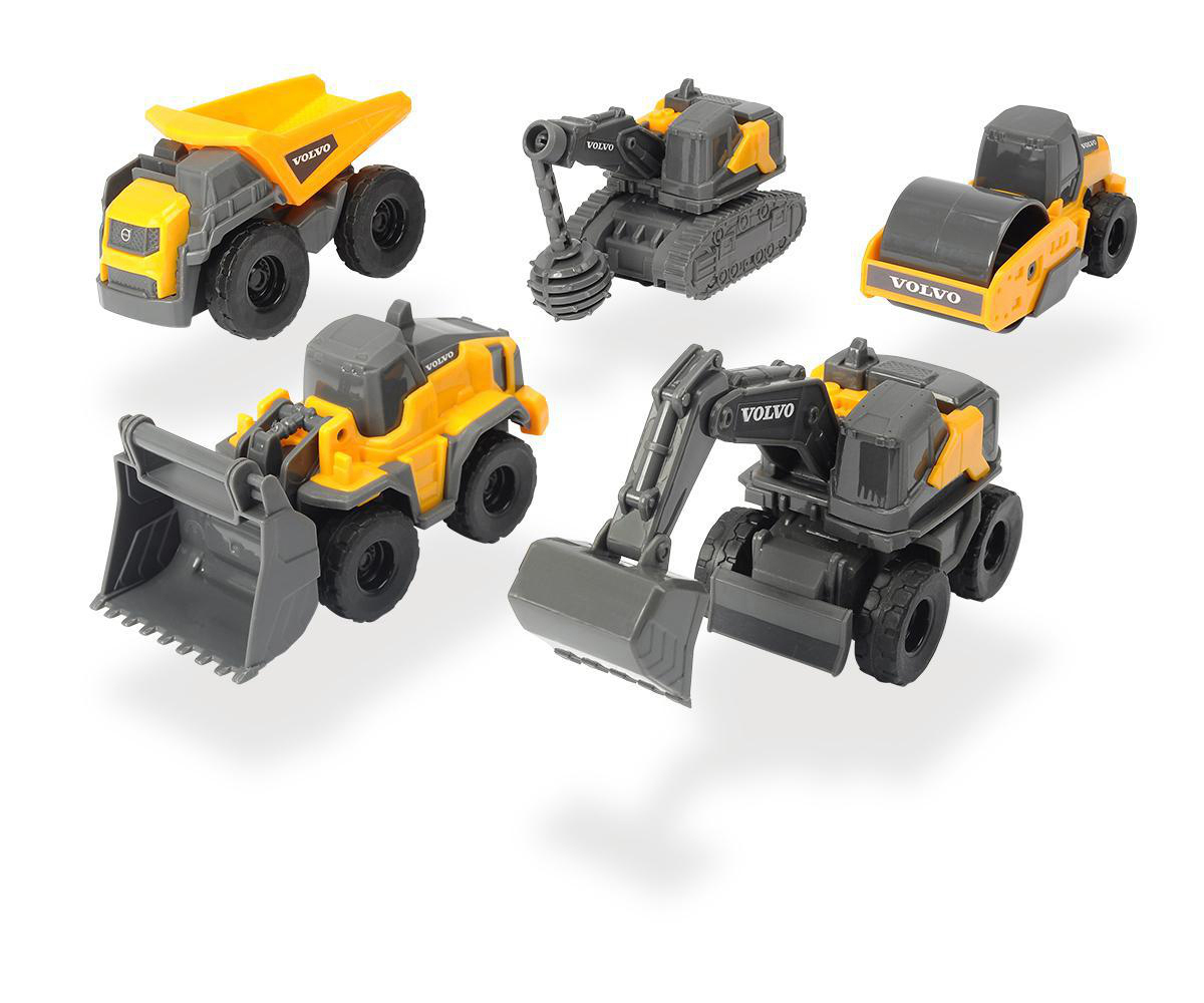 DICKIE-TOYS Volvo Micro Workers, Spielzeugauto Gelb 5er Baustelle Spielzeugset