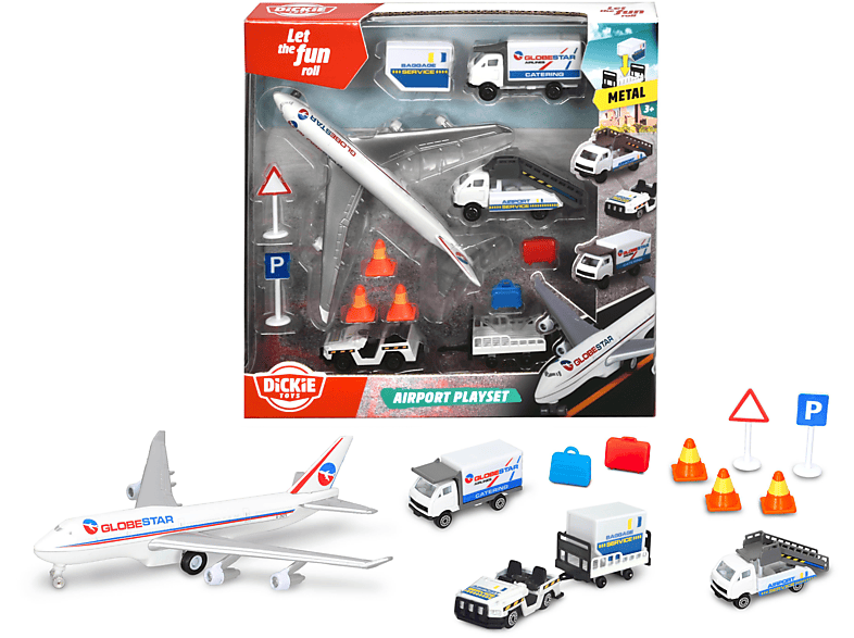 DICKIE-TOYS Flugzeug, Flughafen 3 Spielzeugautos, Mehrfarbig Zubehör inklusive Spielset