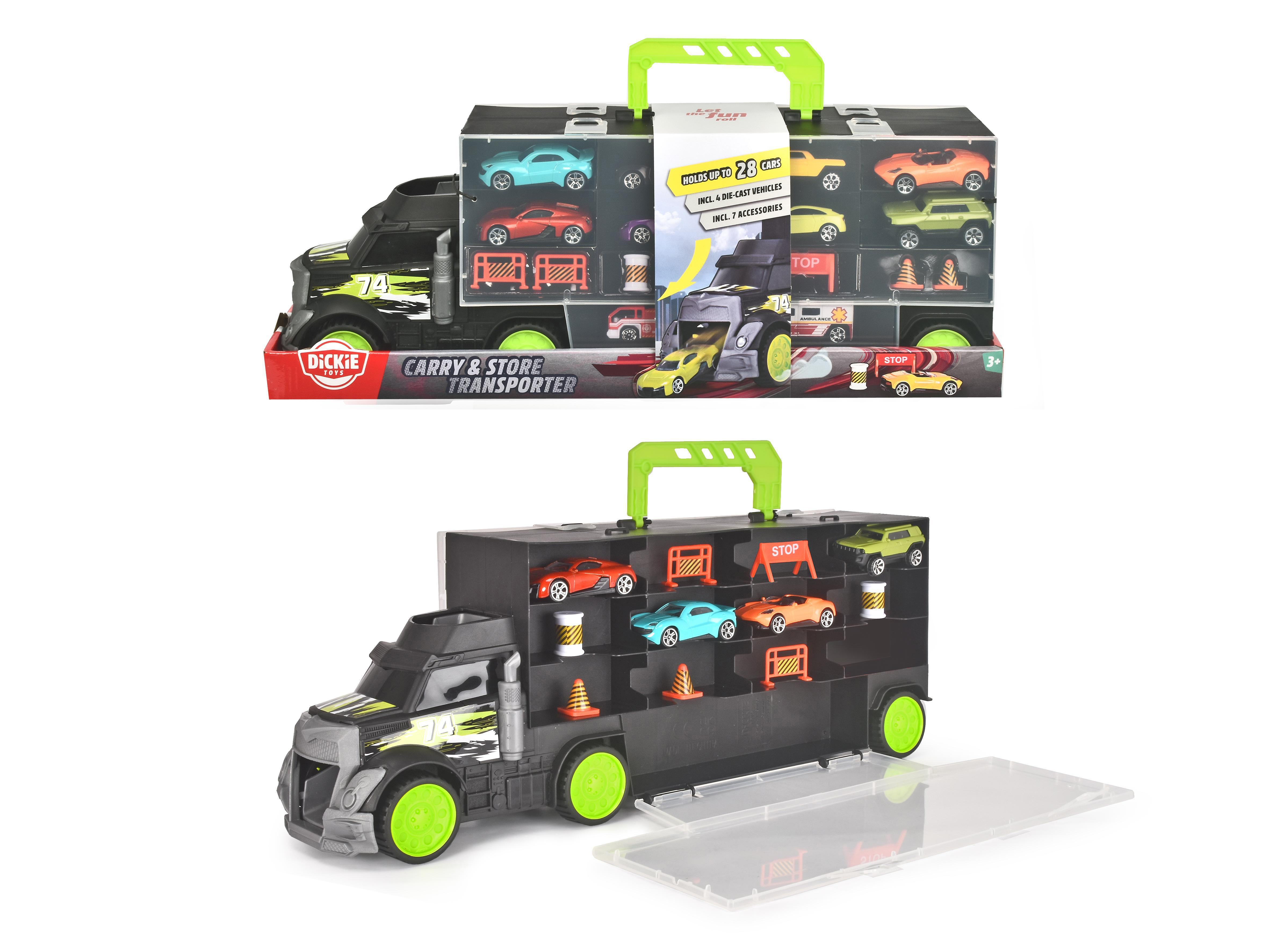 & Transporter, 28 Fahrzeuge Platz Mehrfarbig Ebenen Carry für auf Store 4 Spielzeugauto DICKIE-TOYS