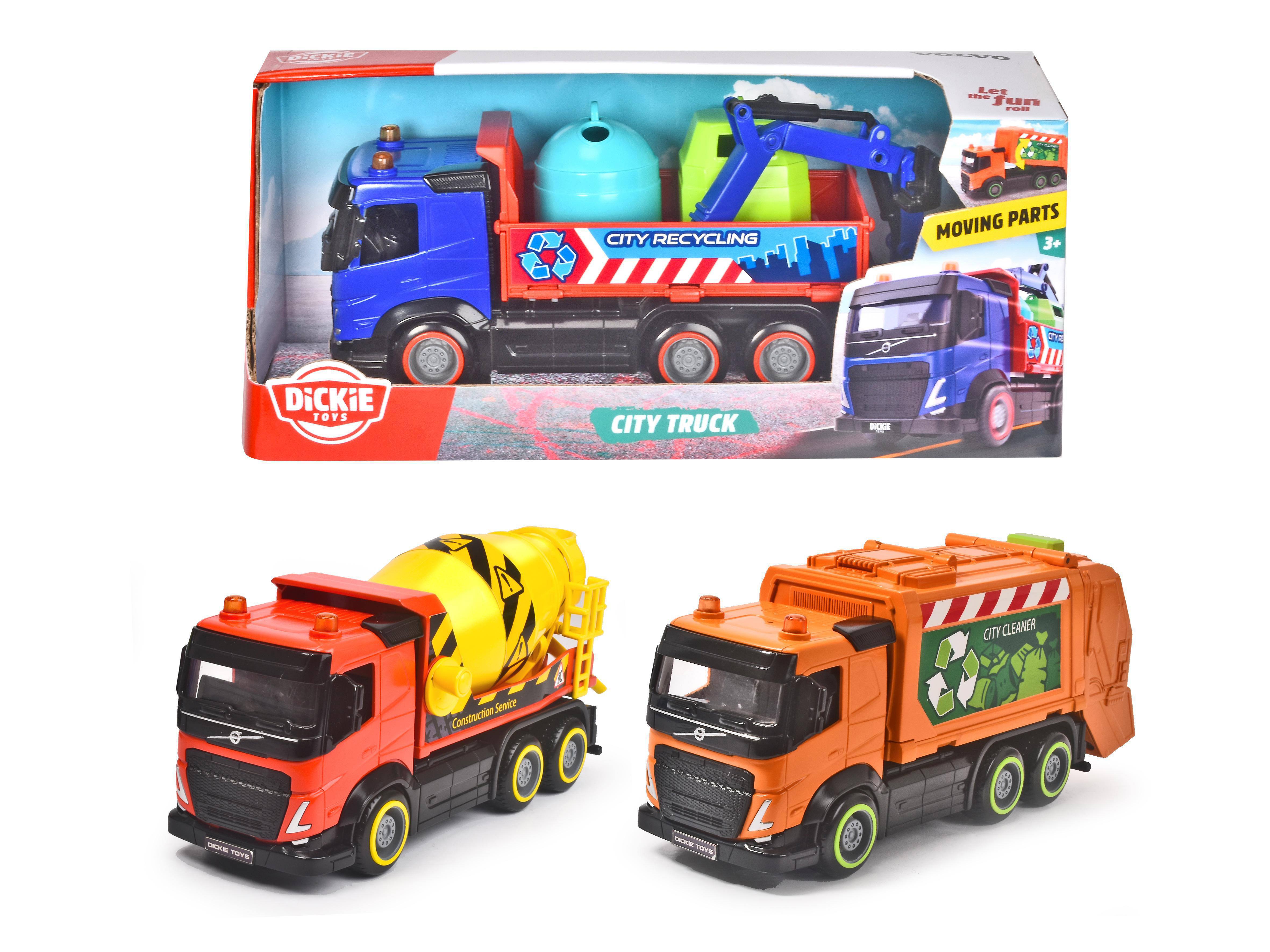 DICKIE-TOYS City Truck, Recycling Müllwagen, 3-sortiert Mehrfarbig Spielzeugauto Truck, Zementmixer