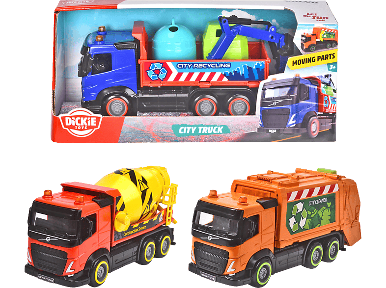 DICKIE-TOYS City Truck, Recycling Müllwagen, 3-sortiert Mehrfarbig Spielzeugauto Truck, Zementmixer